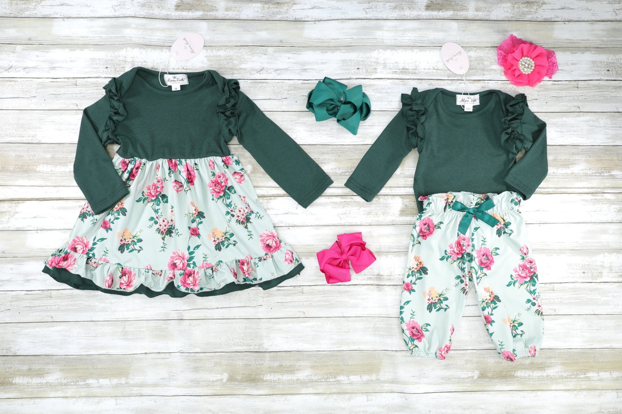 Hunter Green Rose Ruffle Dress - Marie Nicole Clothing