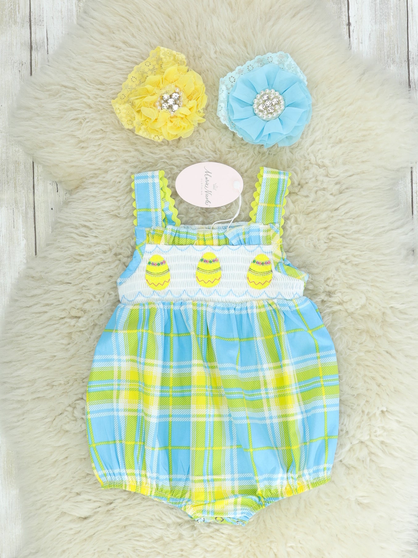 Blue, Green, & Yellow Plaid Easter Egg Smocked Bubble Romper - Marie Nicole Clothing
