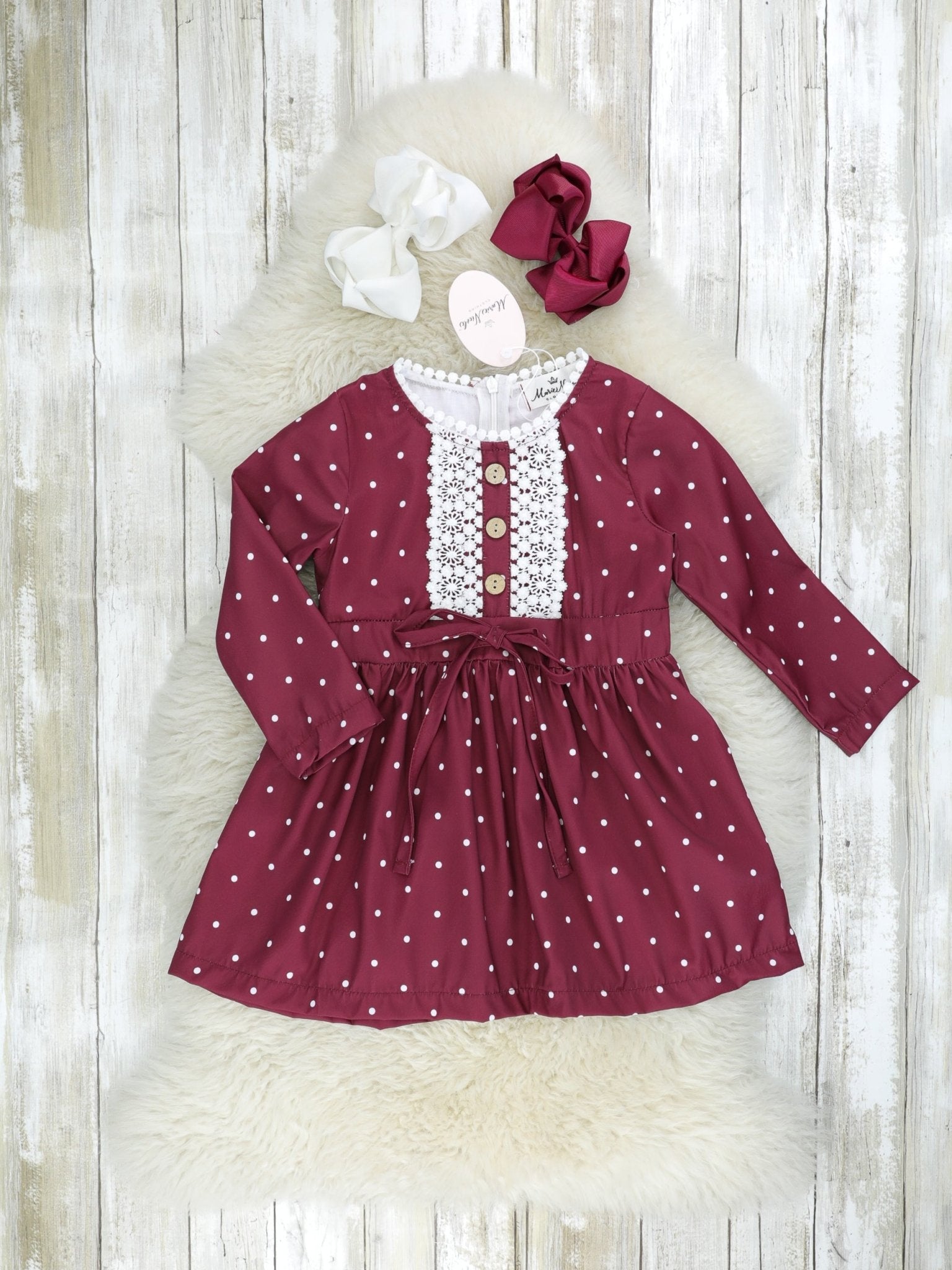 Mulberry Polka Dot Lace Tie Dress - Marie Nicole Clothing