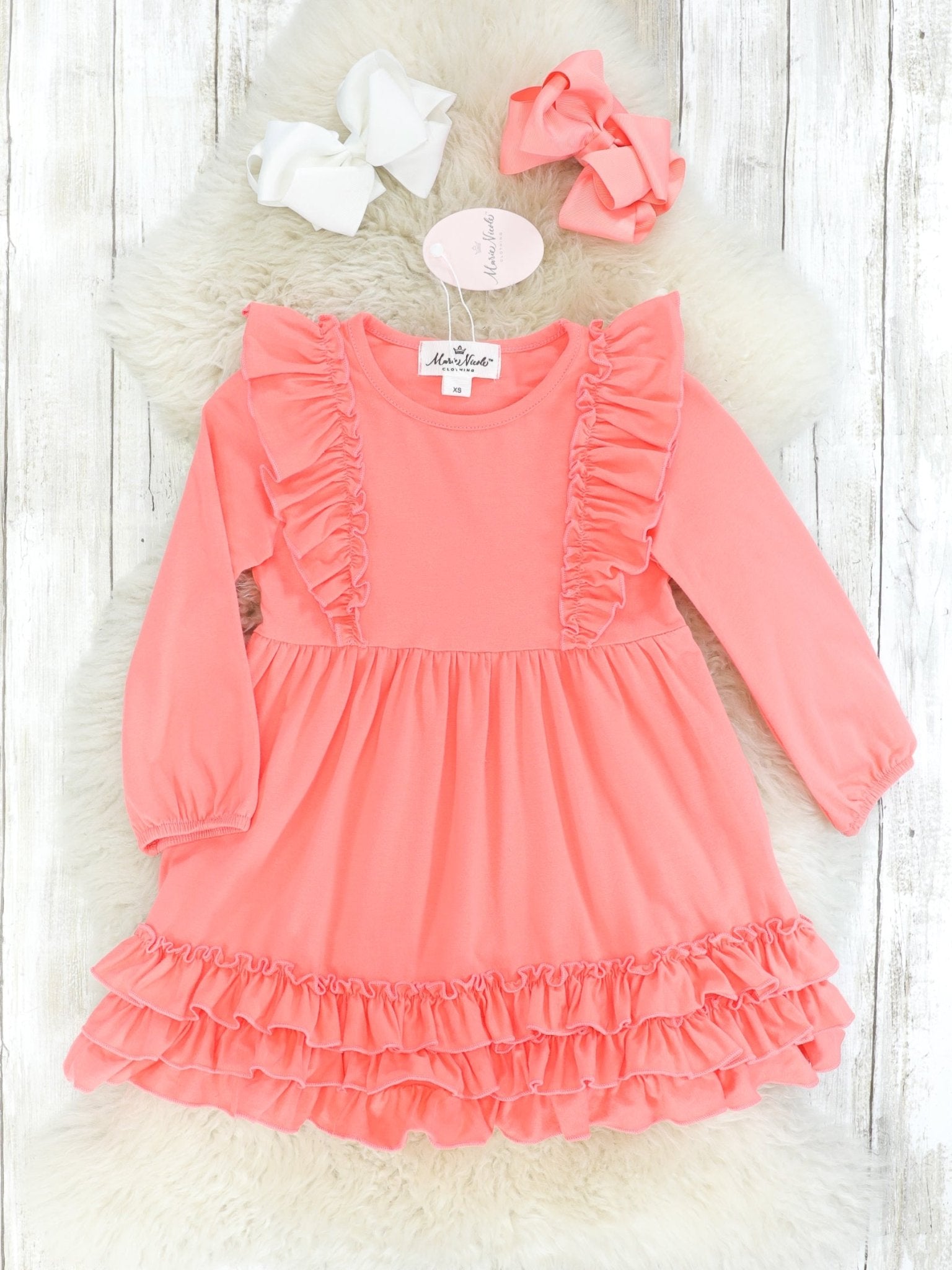 Coral Long Sleeve Ruffle Dress - Marie Nicole Clothing