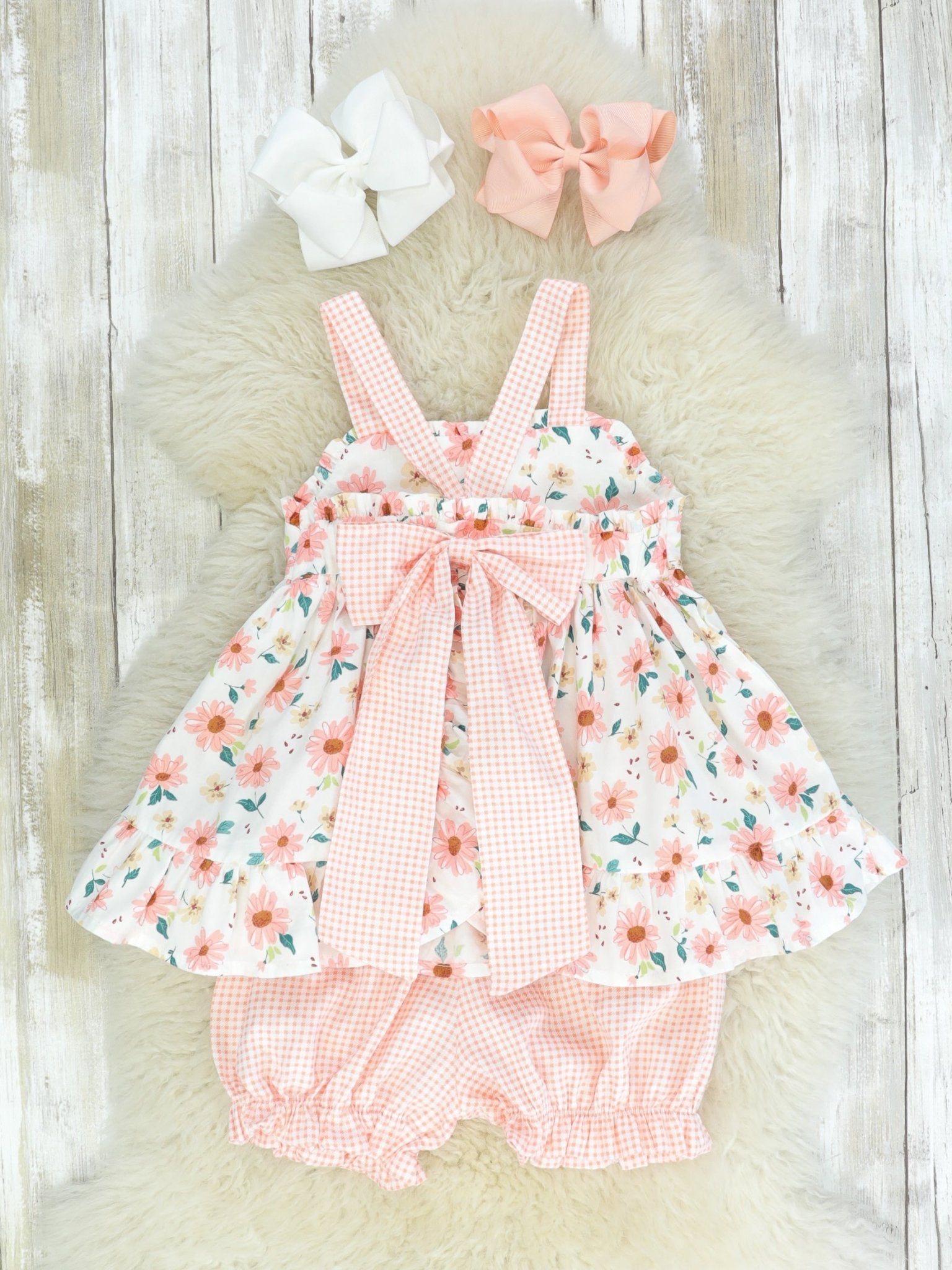 Pink Zinnia & Checked Open - Back Ruffle Bow Outfit - Marie Nicole Clothing