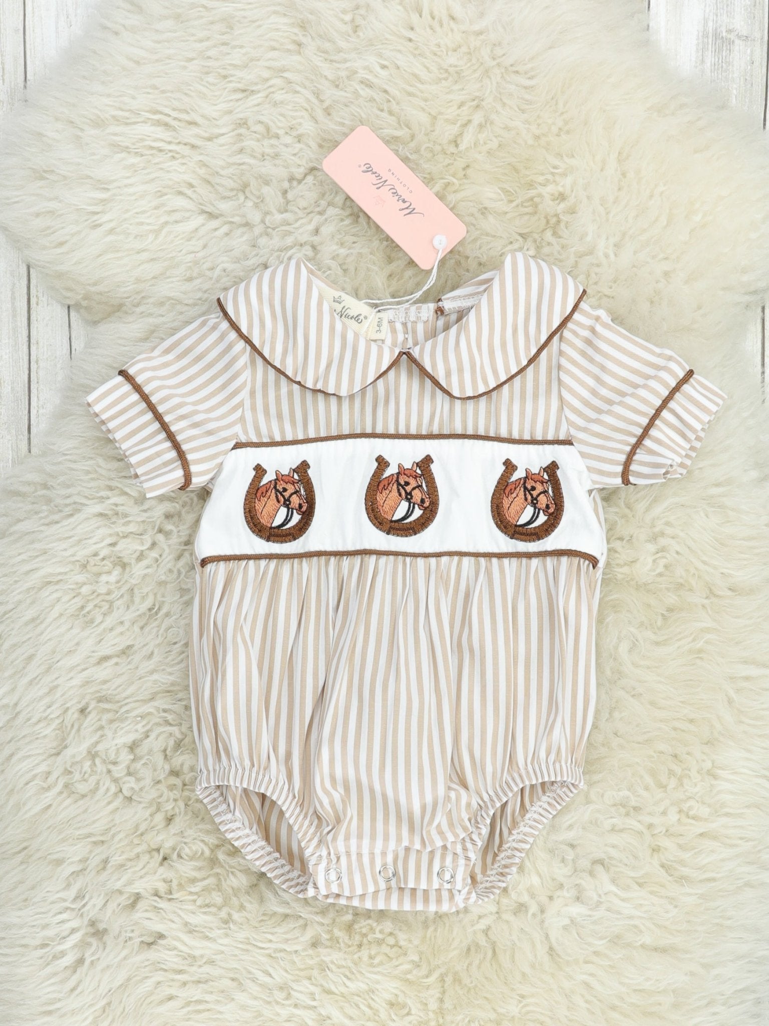 Tan Striped Horse Romper - Marie Nicole Clothing