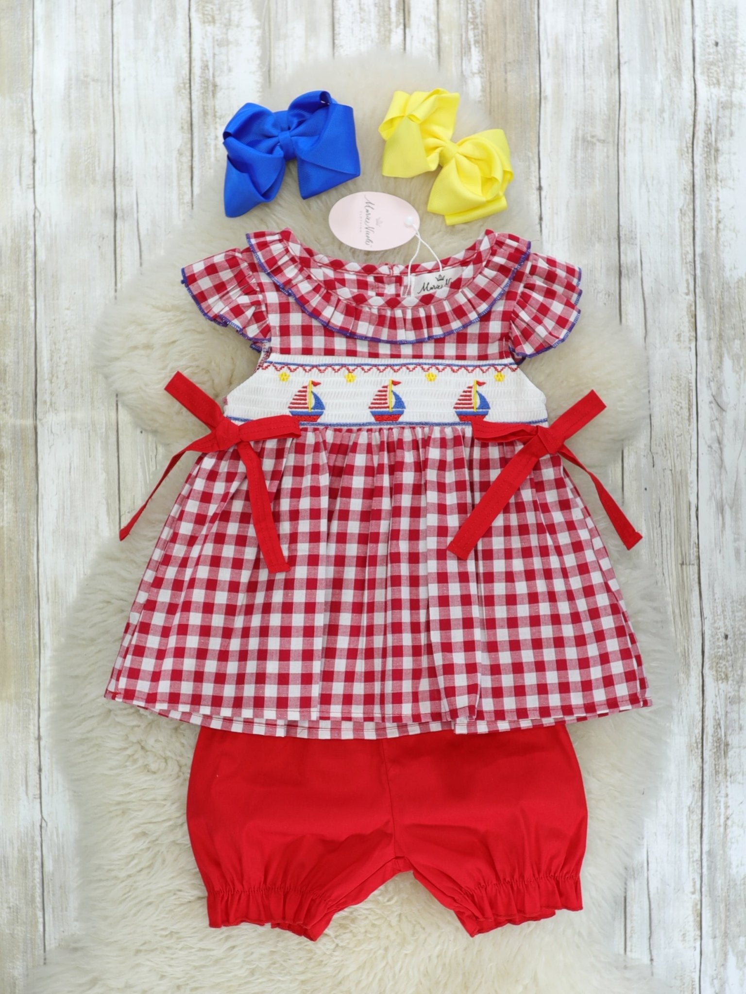 Red Check Smocked Sailboat Outfit - Marie Nicole Clothing