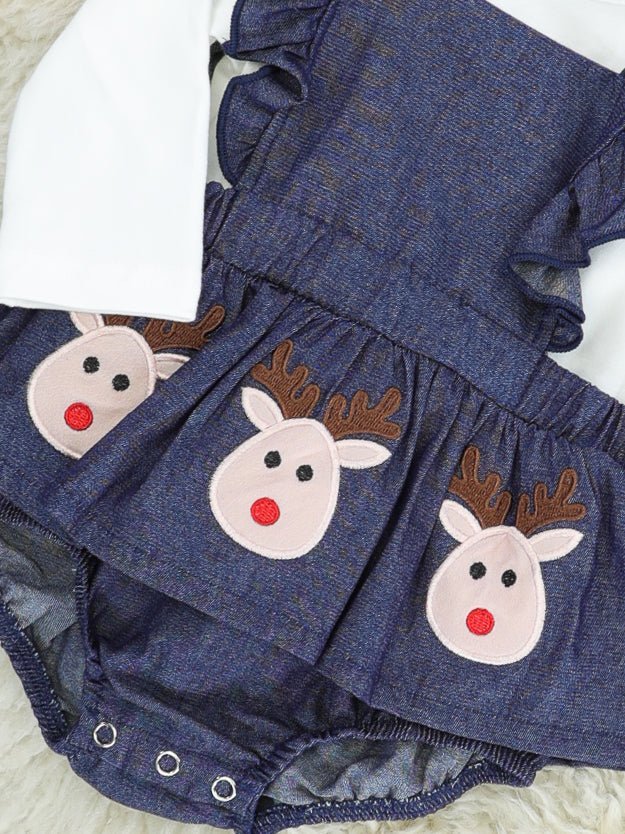 White Top & Chambray Reindeer Ruffle Romper - Marie Nicole Clothing
