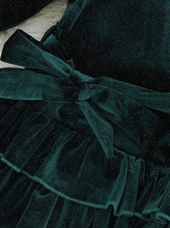 Emerald Velvet Tiered Ruffle Dress - Marie Nicole Clothing