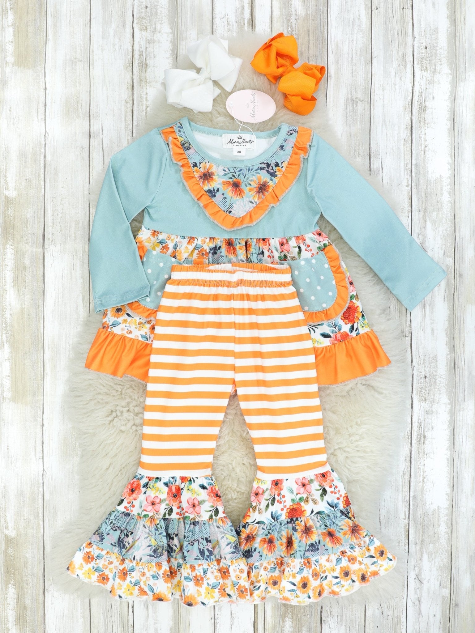 Pocket Flara Bells Outfit - Light Blue & Orange - Marie Nicole Clothing
