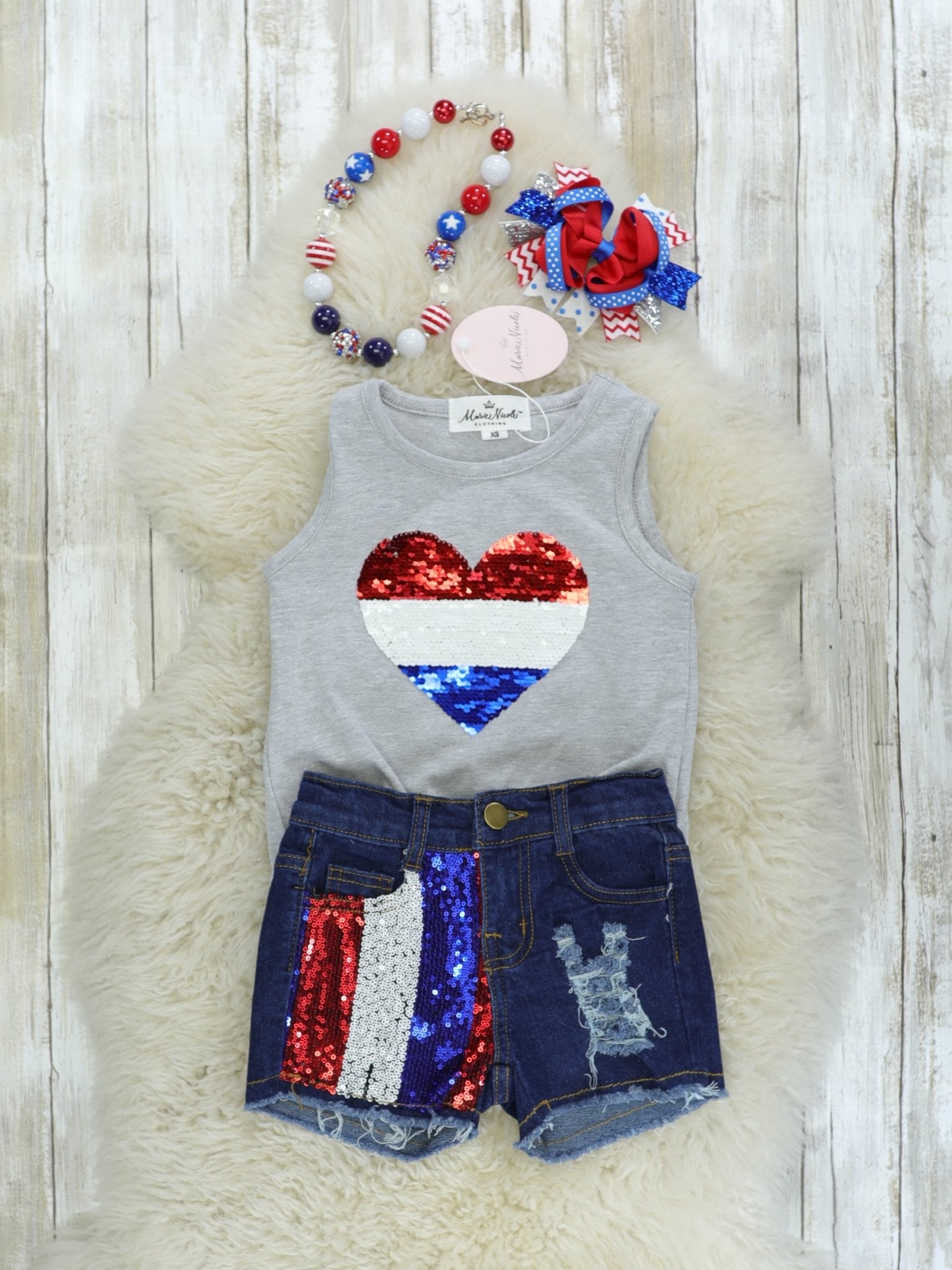 Red, White, & Blue Sequin Heart Tie Tank Denim Shorts Outfit - Marie Nicole Clothing