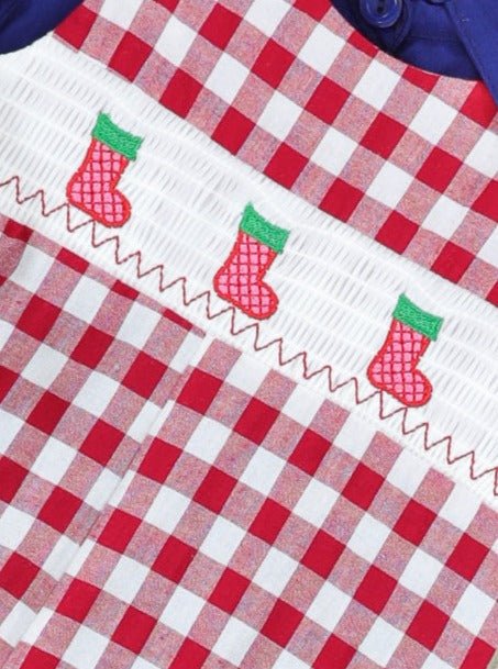 Navy Stocking & Red Gingham Smocked Romper - Marie Nicole Clothing