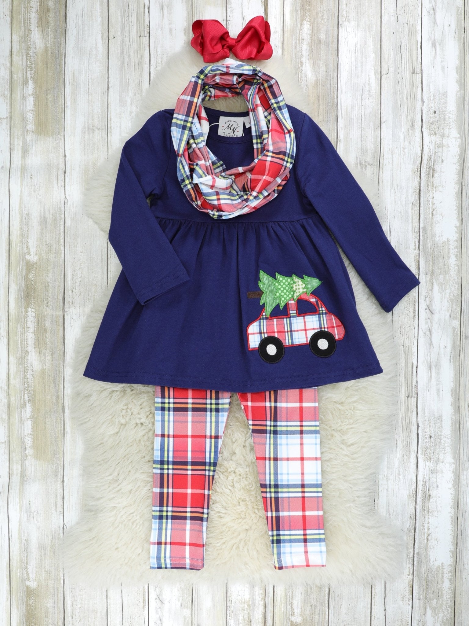 Navy Christmas Tree Truck Plaid 3 - Piece Outfit - Marie Nicole Clothing