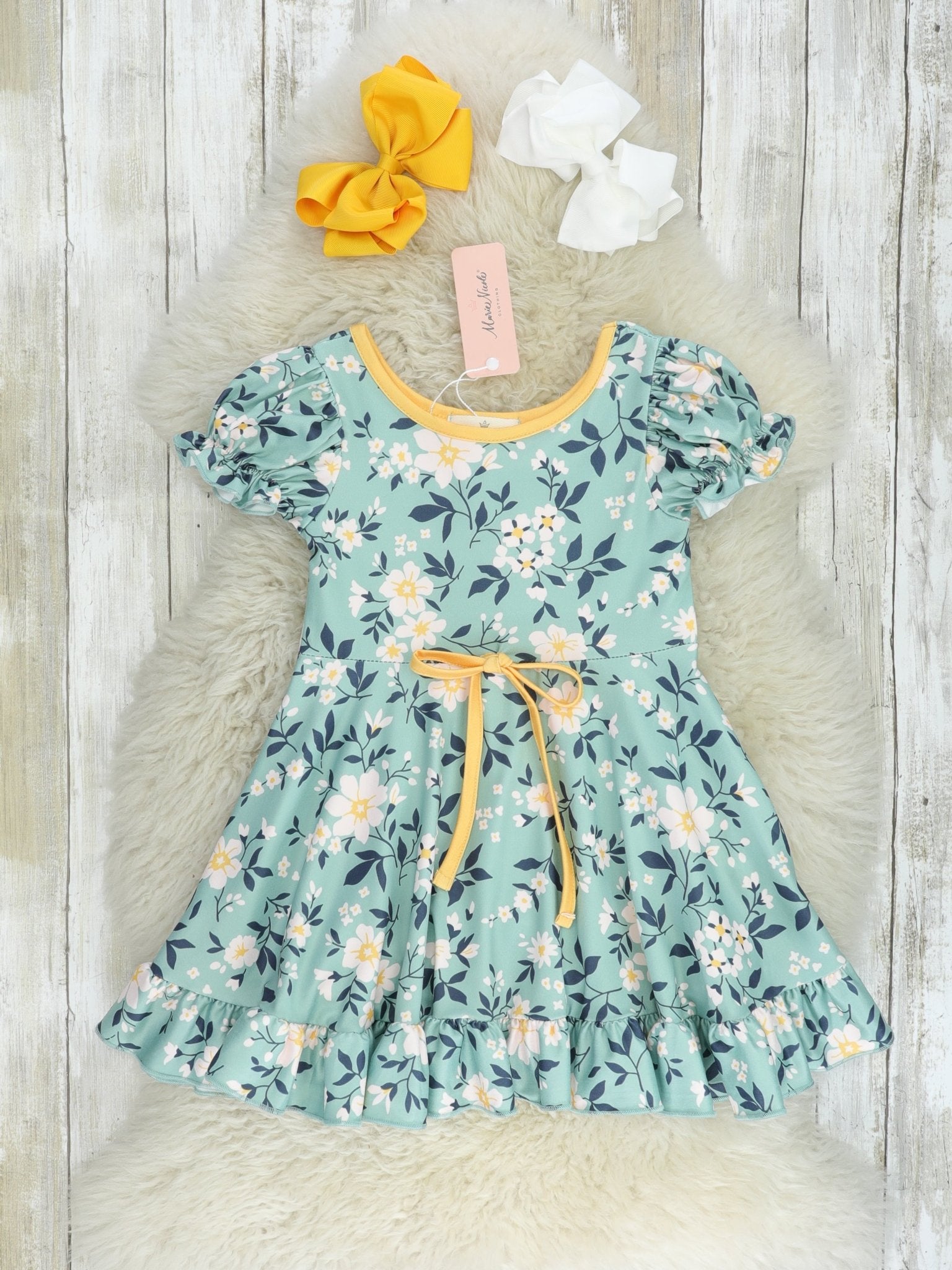 Turquoise Floral Ruffle Dress - Marie Nicole Clothing