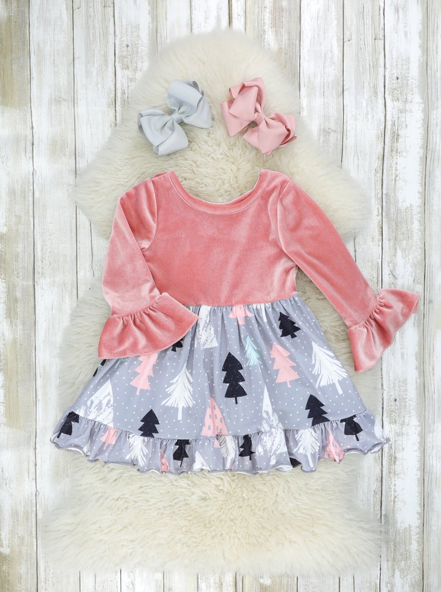 Mauve Christmas Tree Velvet Swing Dress - Marie Nicole Clothing