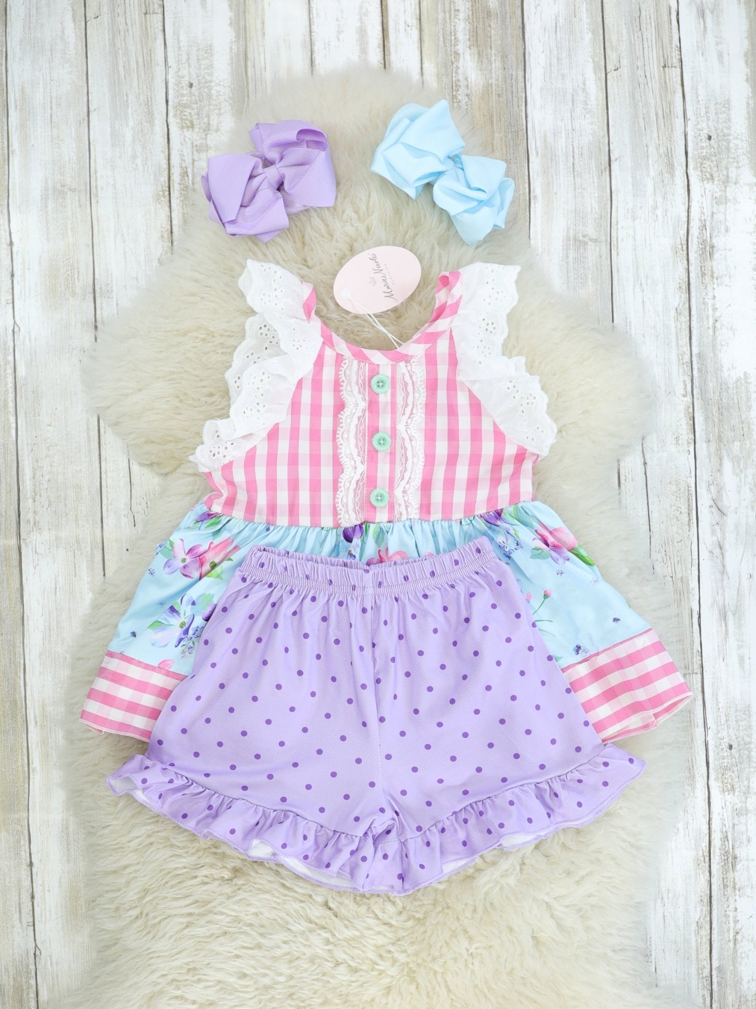 Pink Striped Floral Tank & Purple Polka Dotted Shorts Outfit - Marie Nicole Clothing