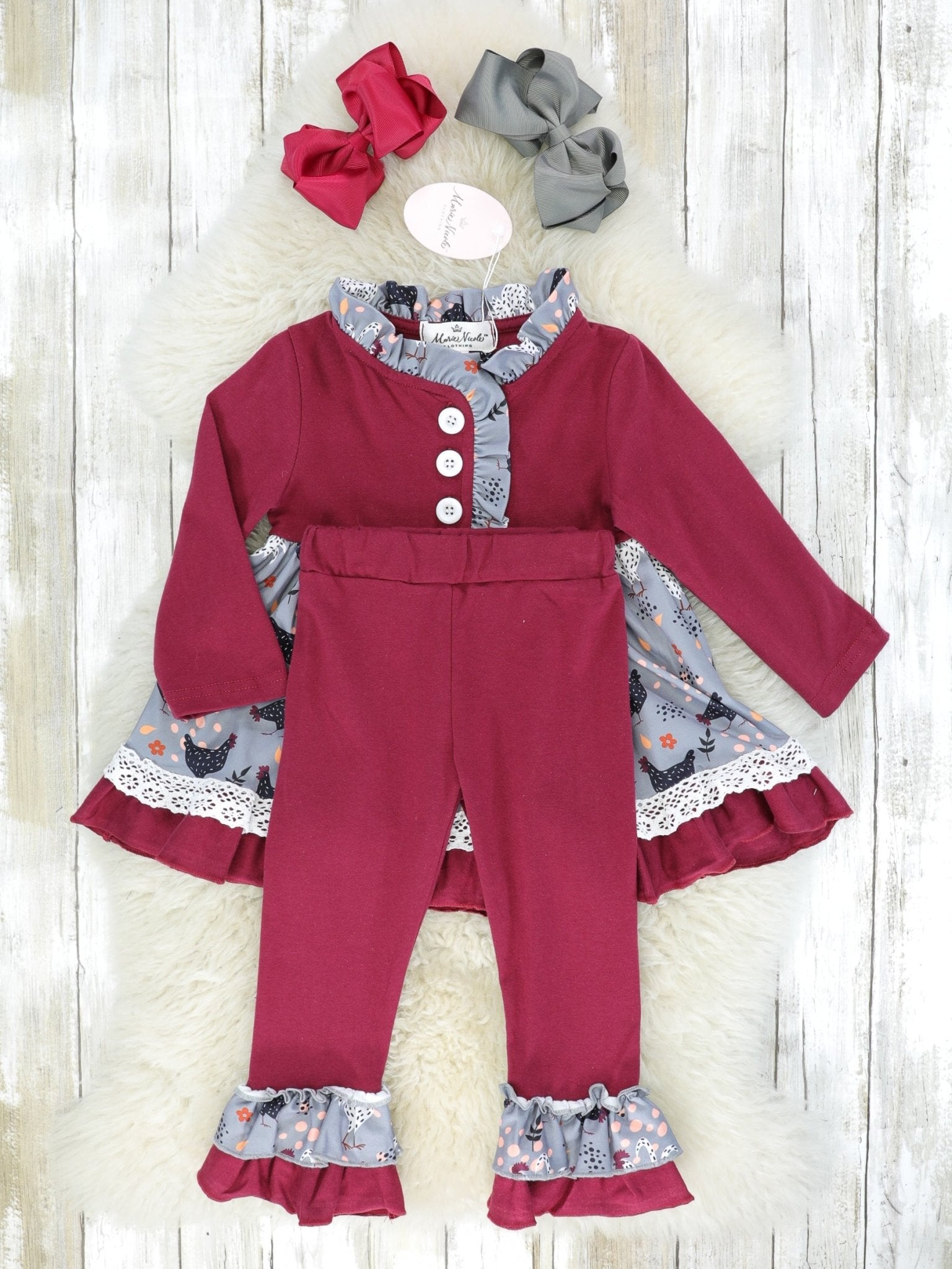 Maroon & Grey Chicken Ruffle Outfit - Marie Nicole Clothing