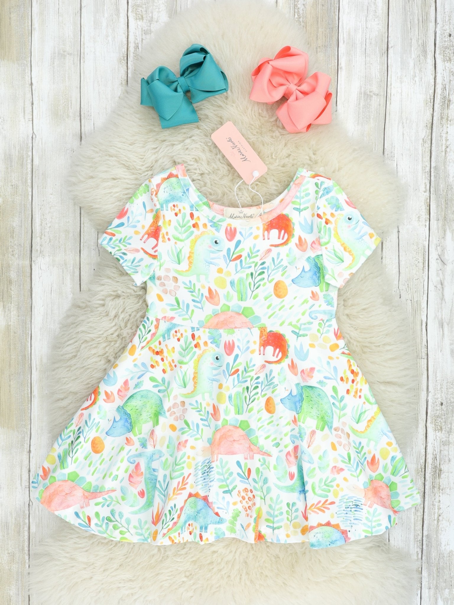 Bold Rainbow Dinosaur Swing Dress - Marie Nicole Clothing