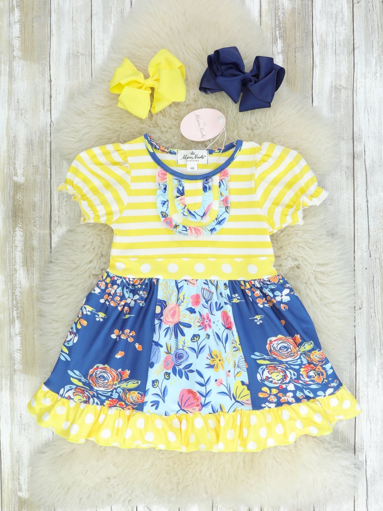 Yellow & Navy Mixed Florals Dress - Marie Nicole Clothing