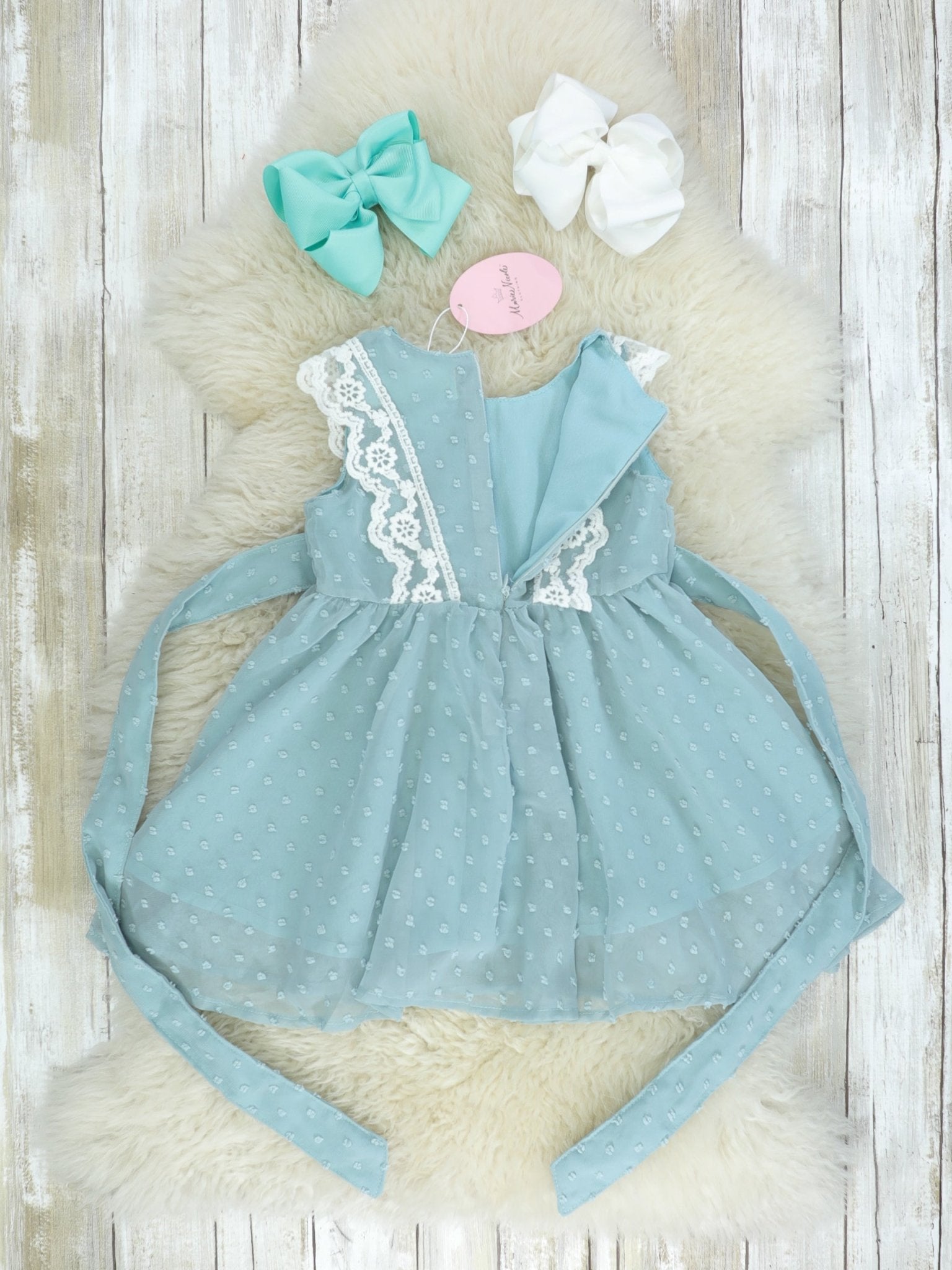 Ash Blue Lace Swiss Dot Dress - Marie Nicole Clothing