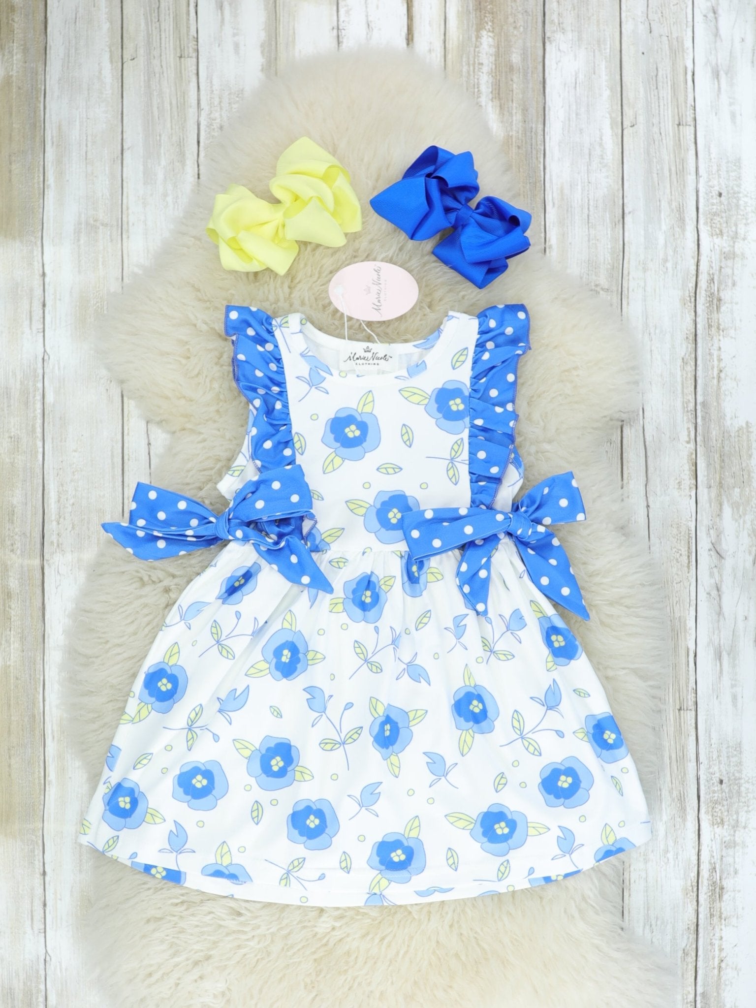 Blue Floral Polka Dot Swing Dress - Marie Nicole Clothing