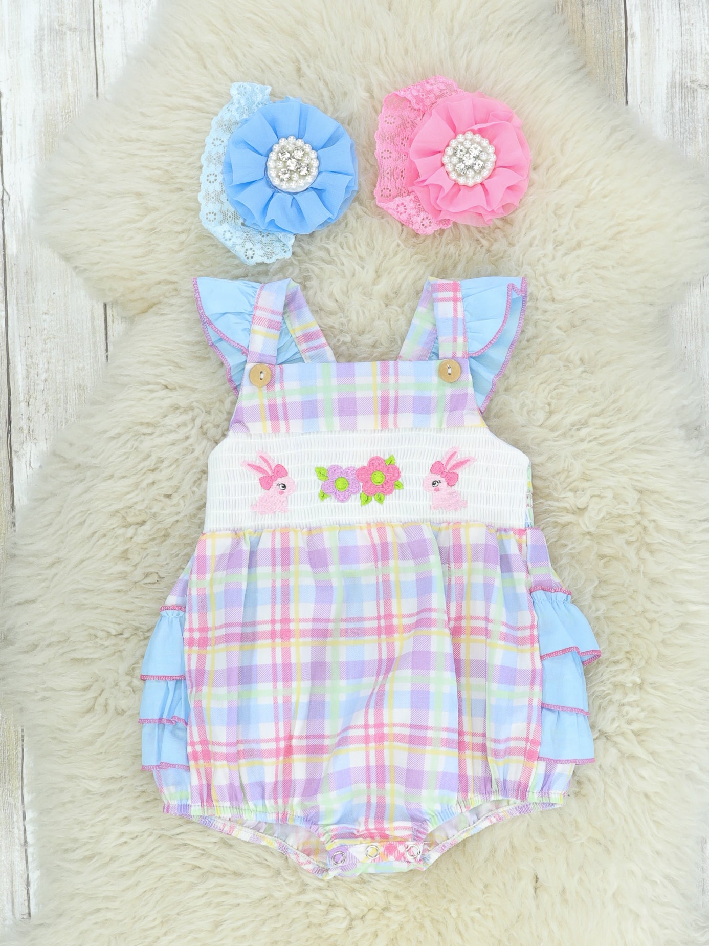Plaid Pastel Smocked Bunnies Bubble Romper - Marie Nicole Clothing