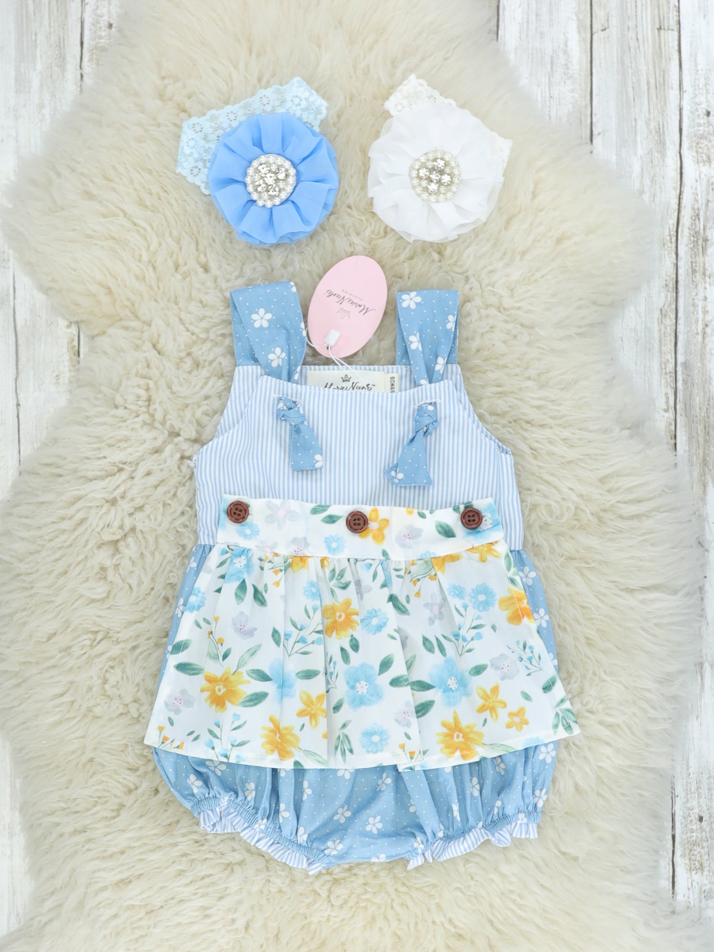 Cornflower Blue Floral Apron Bubble Romper - Marie Nicole Clothing