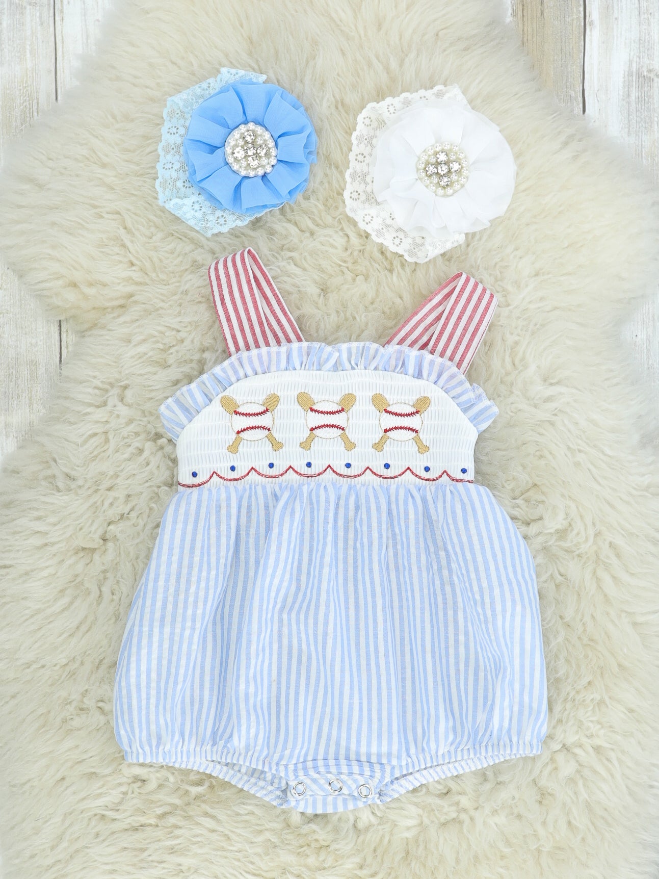 Blue Pinstriped Baseball Bubble Romper - Marie Nicole Clothing
