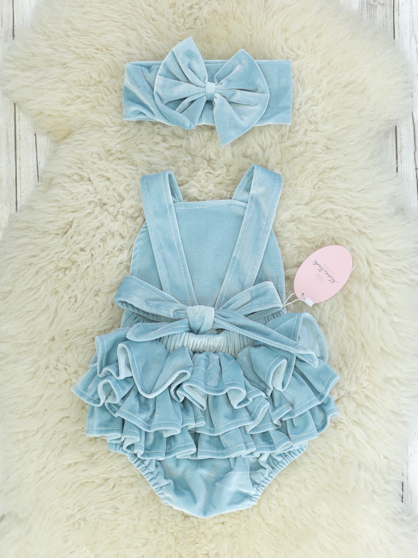 Blue Velvet Ruffle Bubble With Headband - Marie Nicole Clothing