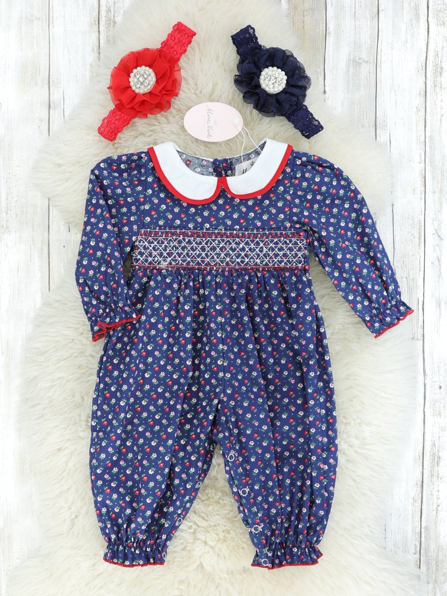 Navy Vintage Floral Smocked Romper - Marie Nicole Clothing