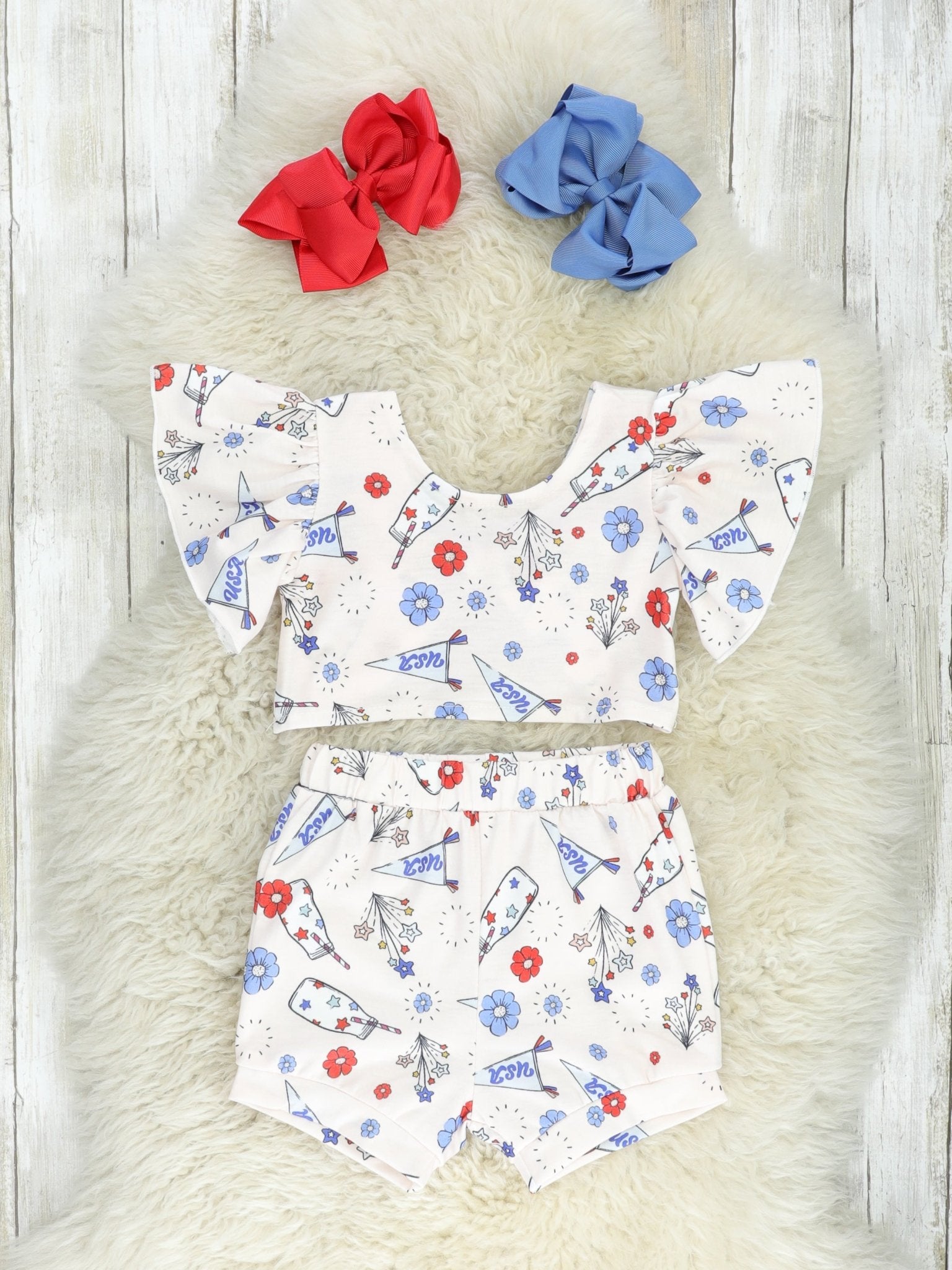 Patriotic Floral Tie Ruffle Bloomers Outfit - Marie Nicole Clothing