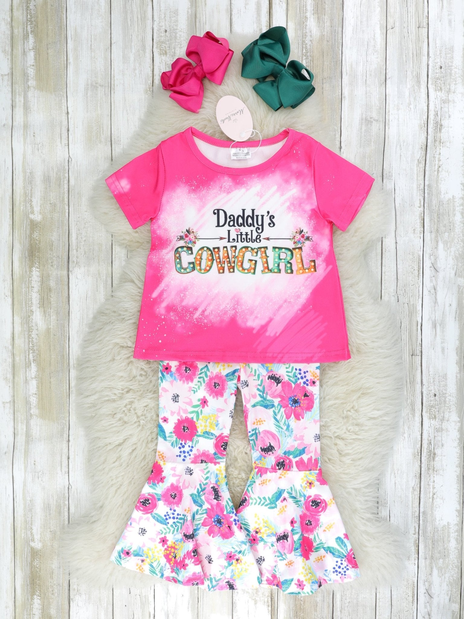 Hot Pink "Daddy's Little Cowgirl" Floral Bell Bottom Outfit - Marie Nicole Clothing