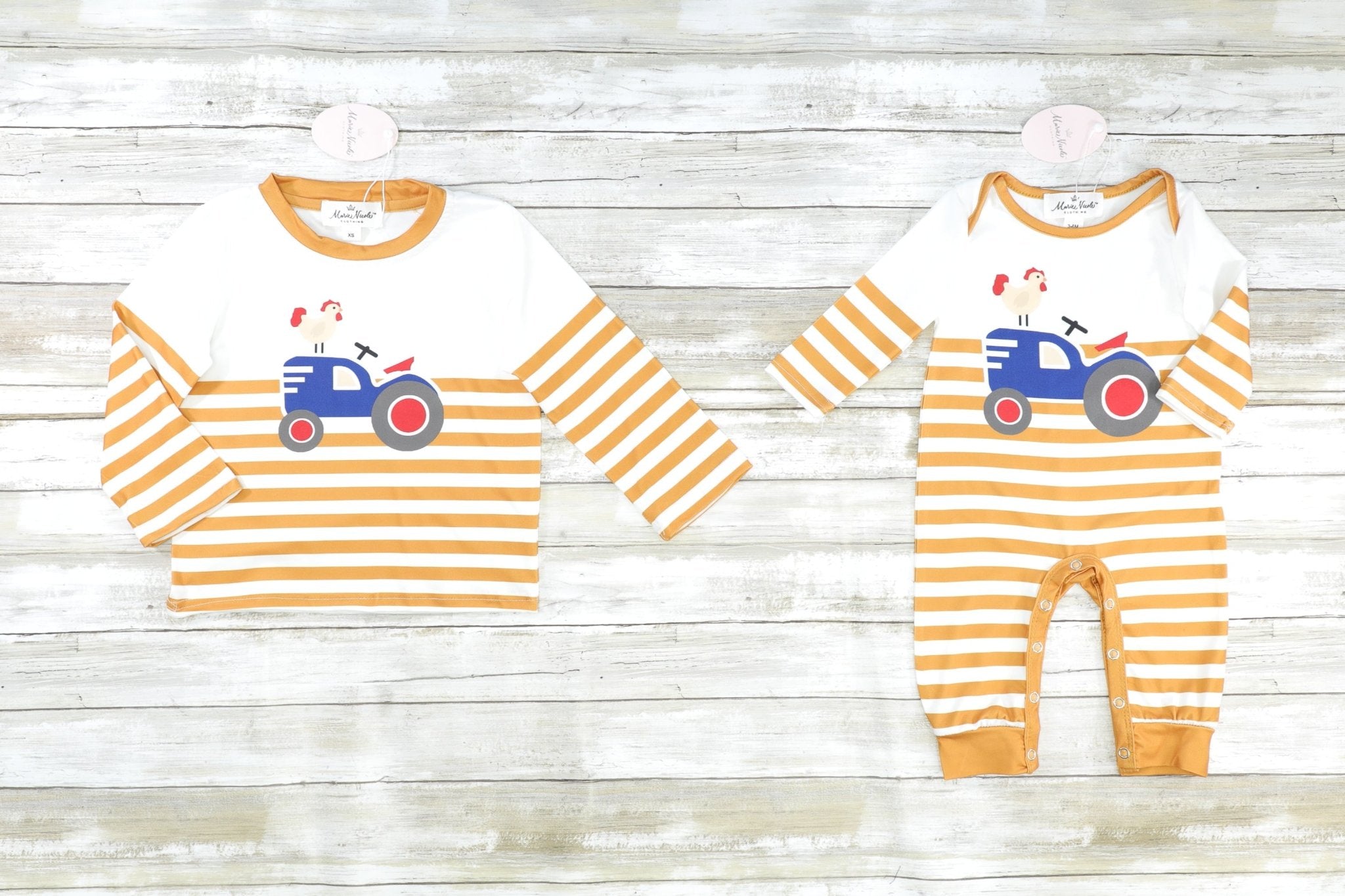 Striped Camel Tractor Long Sleeve Romper - Marie Nicole Clothing