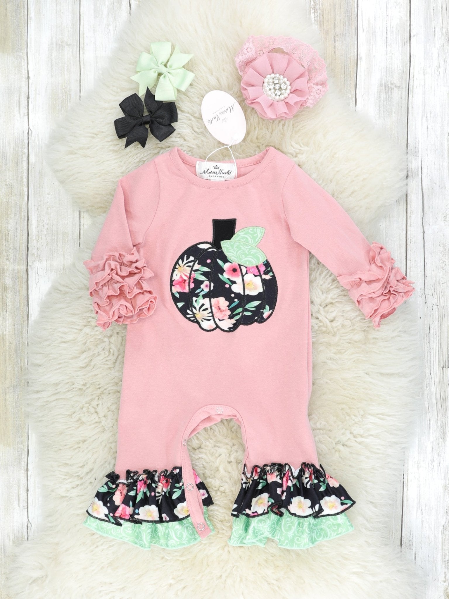 Pink & Black Floral Pumpkin Ruffle Romper - Marie Nicole Clothing