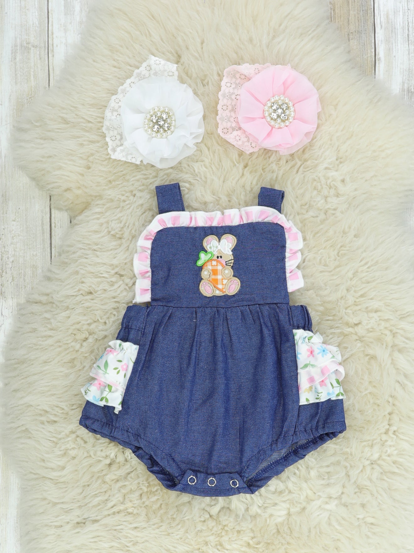 Spring Floral Bunny Chambray Tank Ruffle Bubble Romper - Marie Nicole Clothing