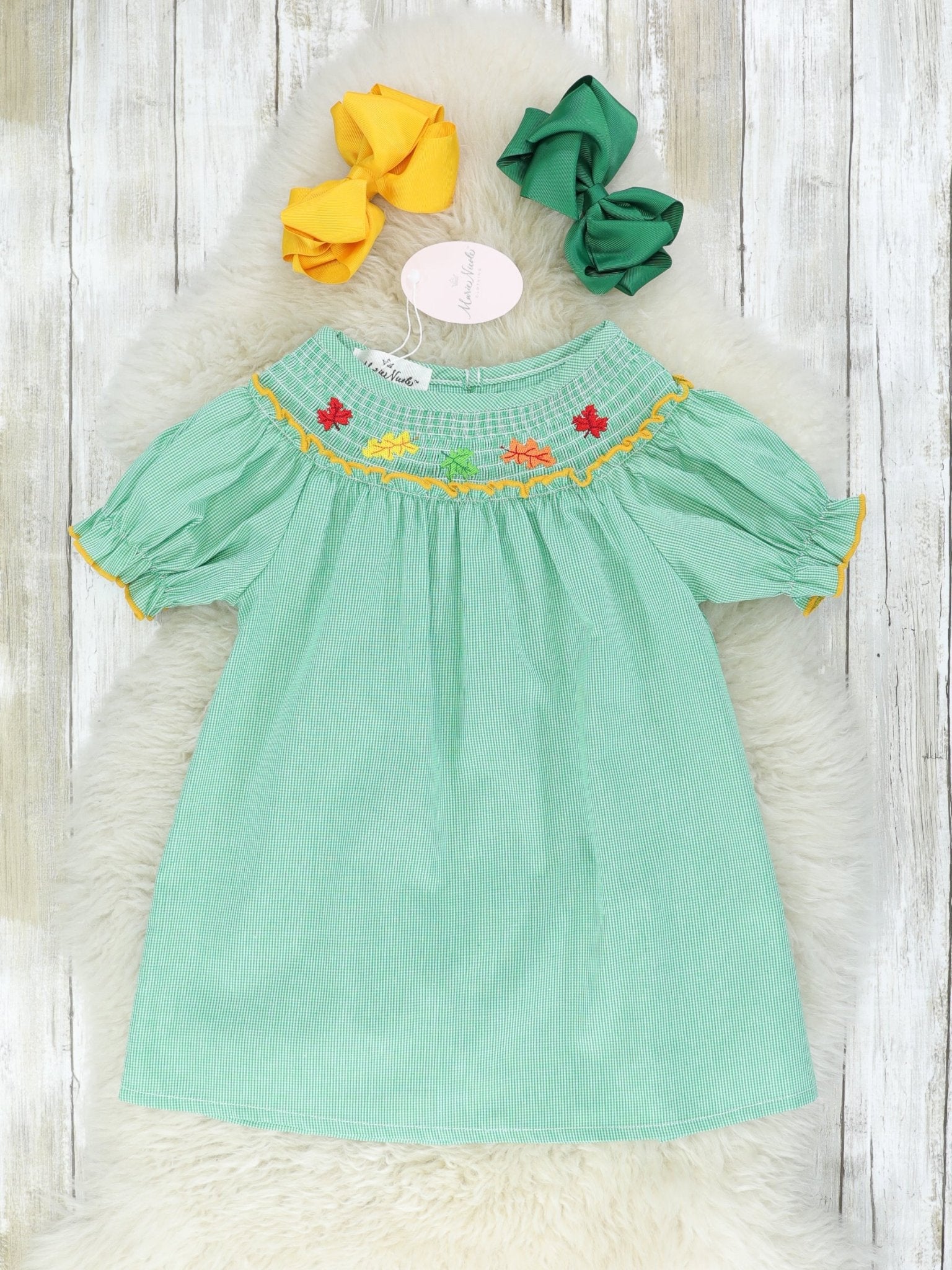 Green Fall Leaves Smocked Dress - Marie Nicole Clothing