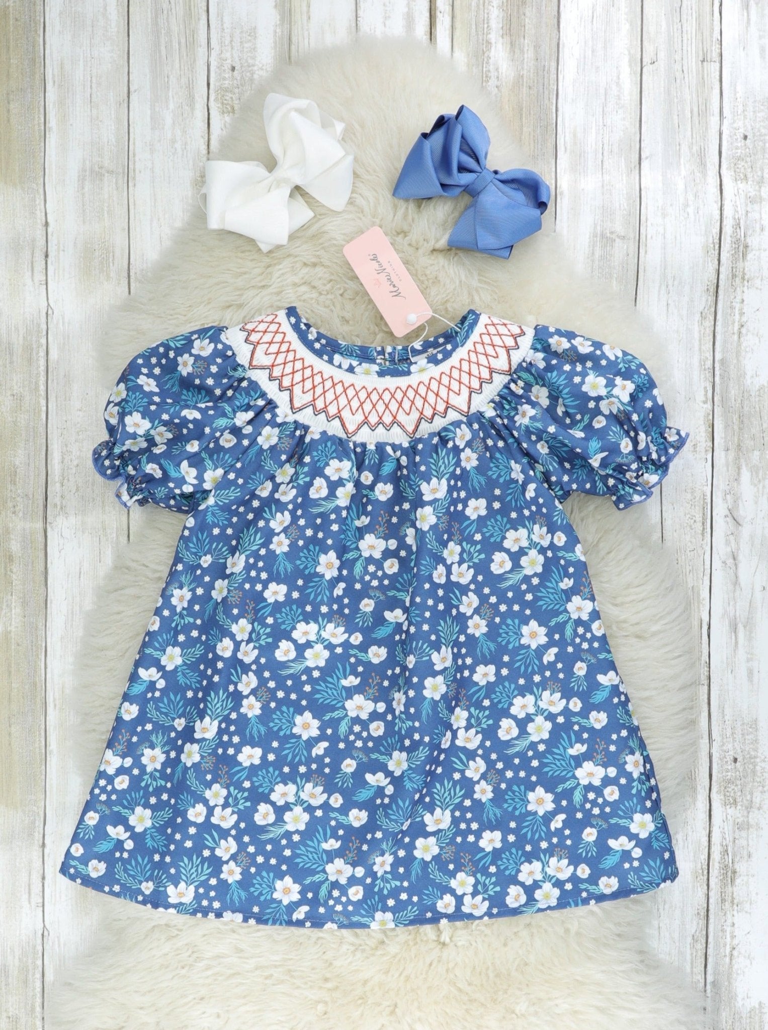 Navy Smocked Anemone Dress - Marie Nicole Clothing