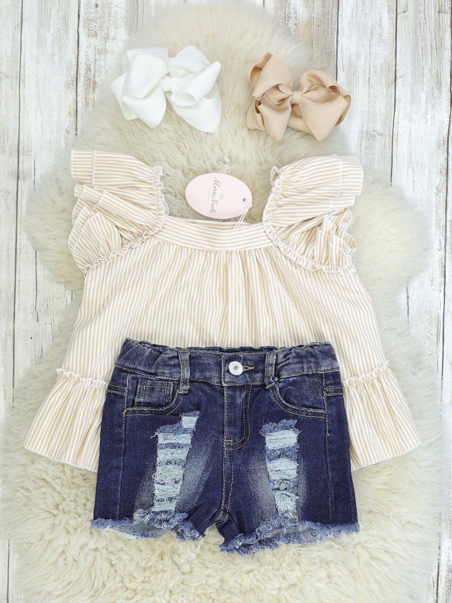 Cream Ruffle Top & Distressed Denim Outfit - Marie Nicole Clothing