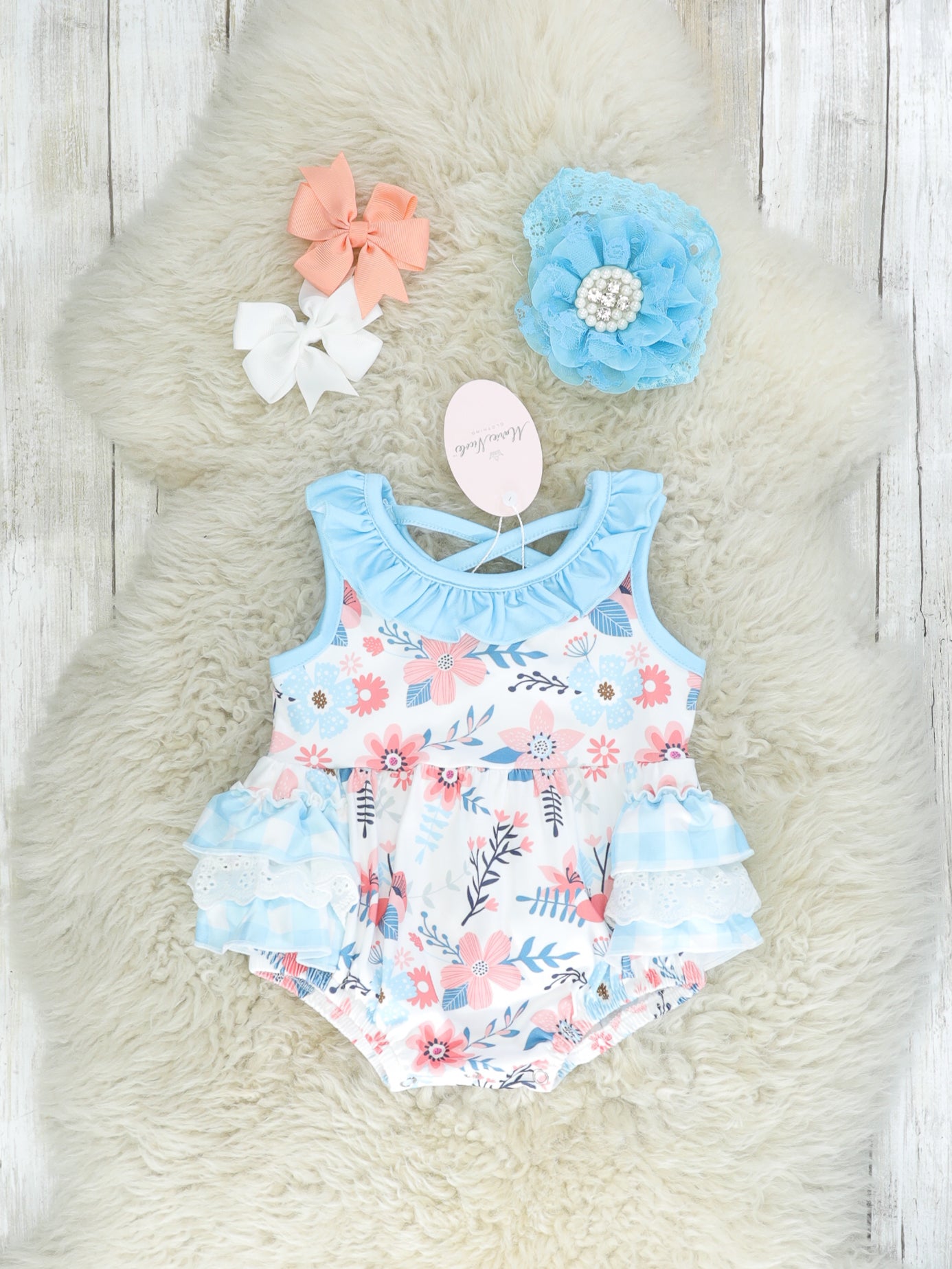 Olympic Blue Floral Ruffle Romper - Marie Nicole Clothing