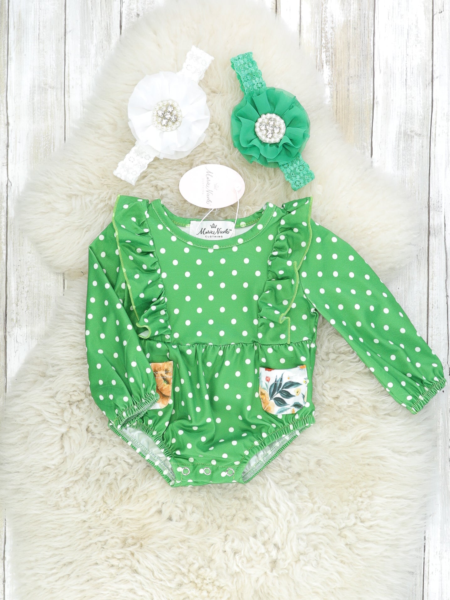 Green Polka Dot Floral Pocket Ruffle Romper - Marie Nicole Clothing