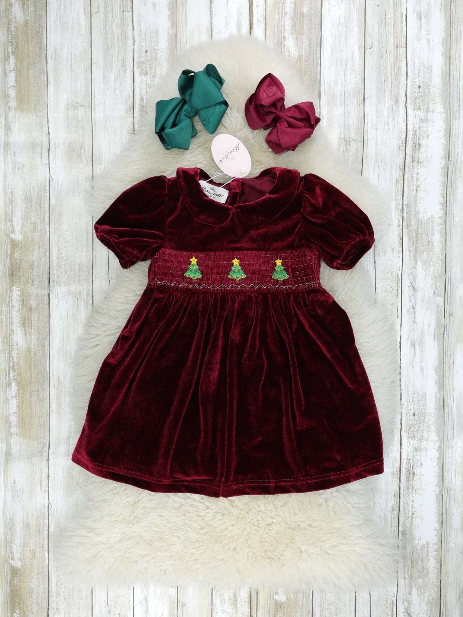 Burgundy Smocked Christmas Tree Dress - Marie Nicole Clothing