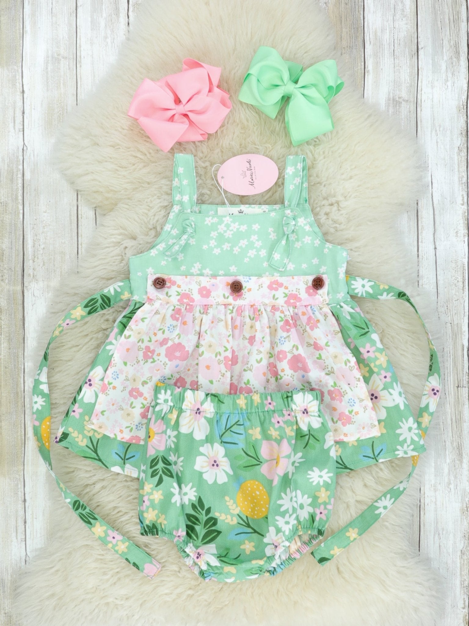 Green & Pink Floral Apron Dress - Marie Nicole Clothing