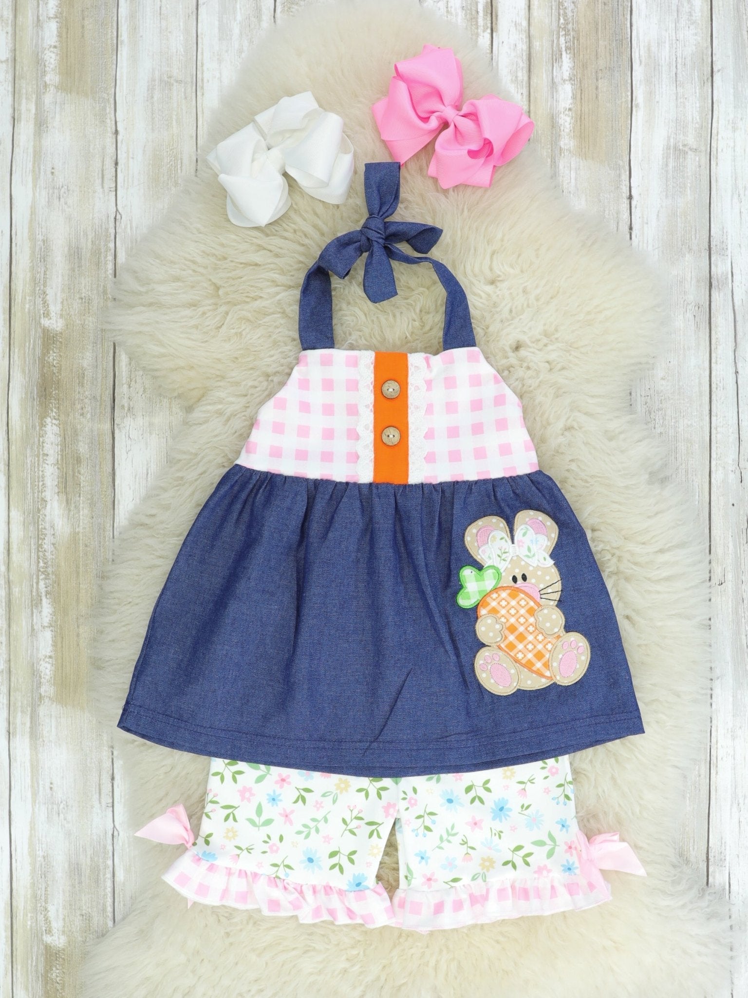 Spring Floral Bunny Chambray Tank & Shorts Outfit - Marie Nicole Clothing