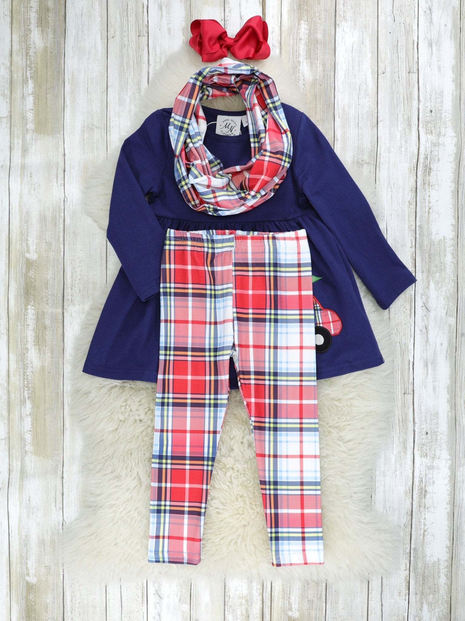 Navy Christmas Tree Truck Plaid 3 - Piece Outfit - Marie Nicole Clothing