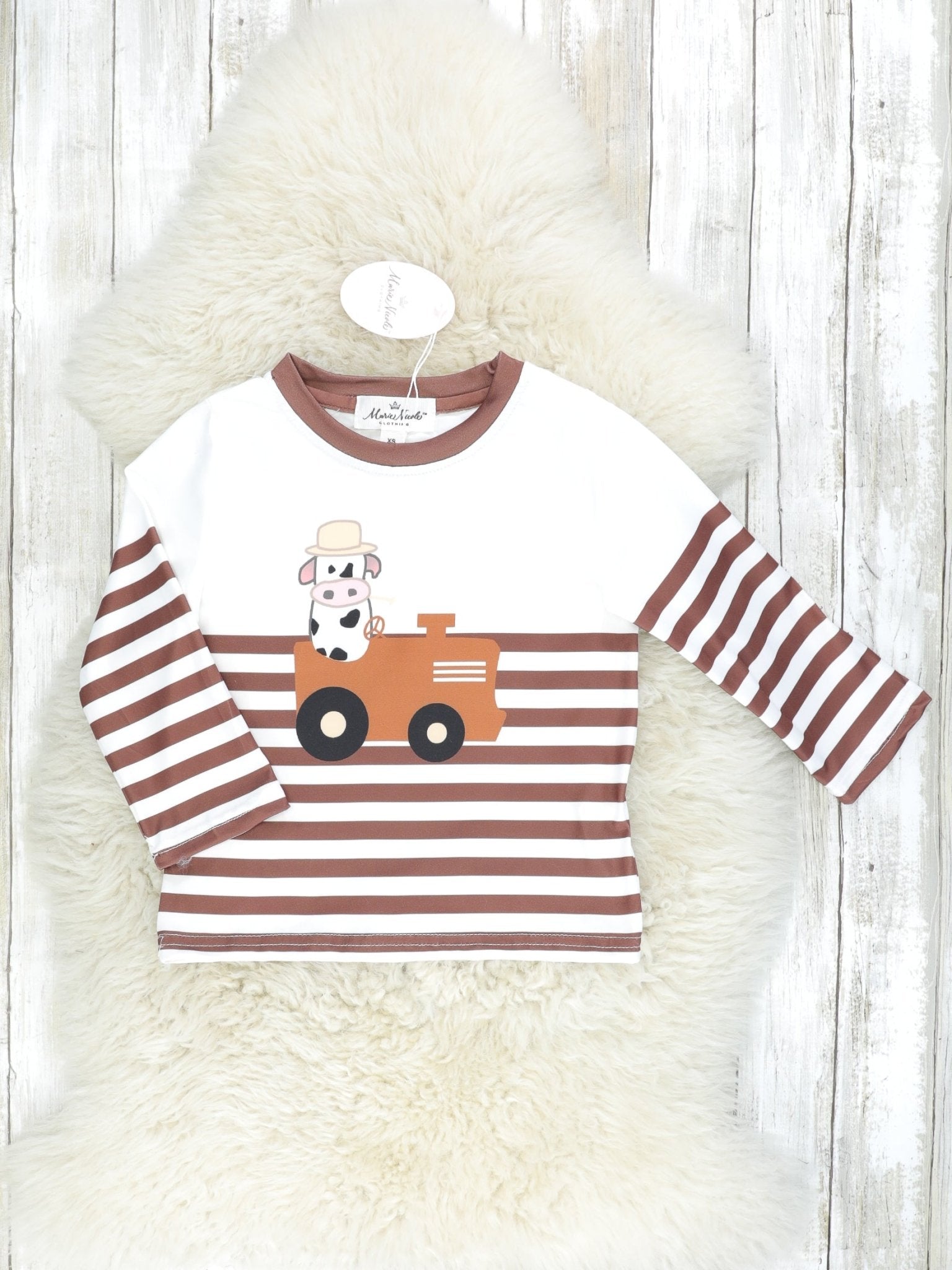 Brown Striped Cow Farmer Long Sleeve Shirt - Marie Nicole Clothing
