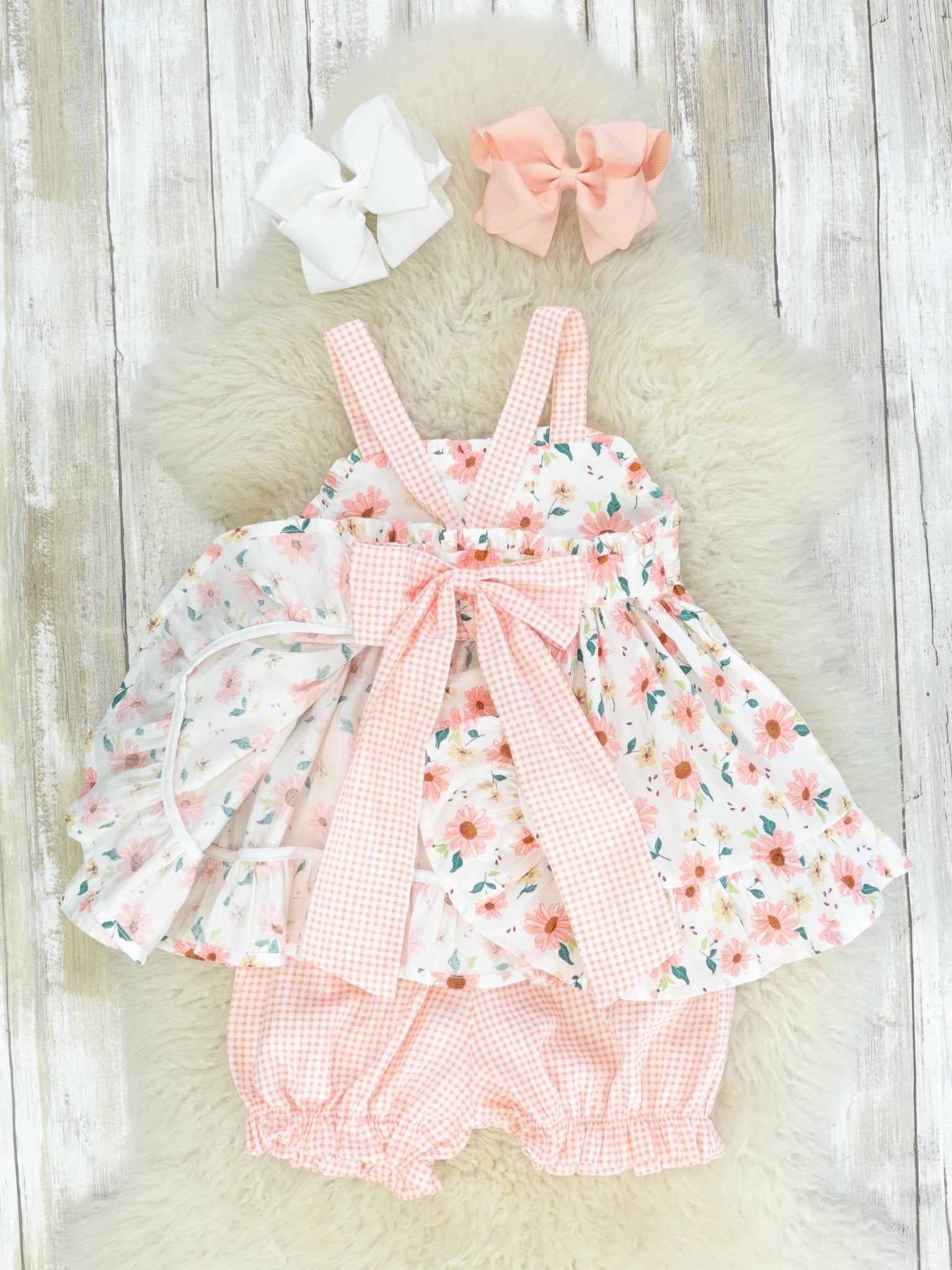 Pink Zinnia & Checked Open - Back Ruffle Bow Outfit - Marie Nicole Clothing