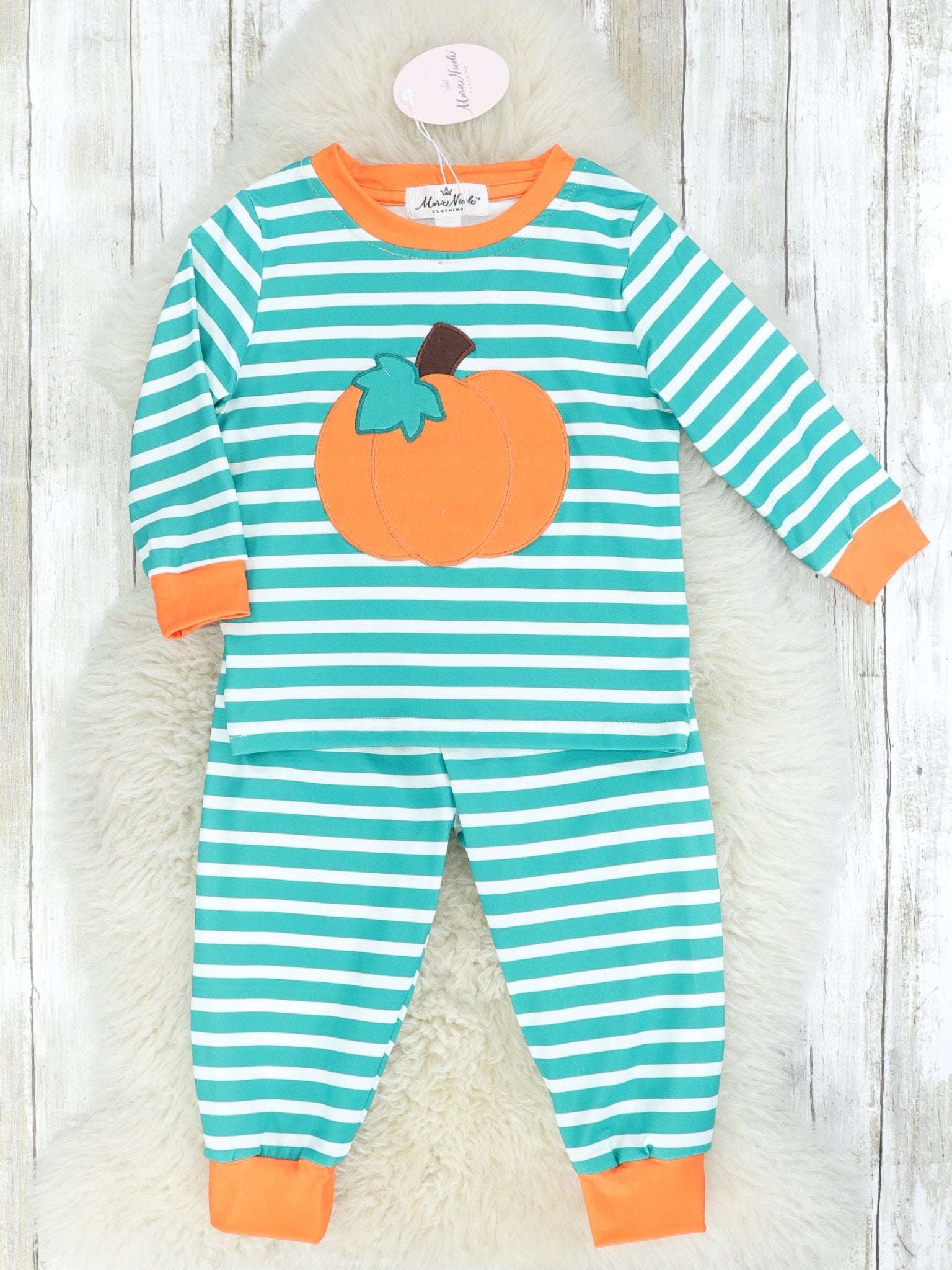 Teal Striped Pumpkin Pajamas - Marie Nicole Clothing