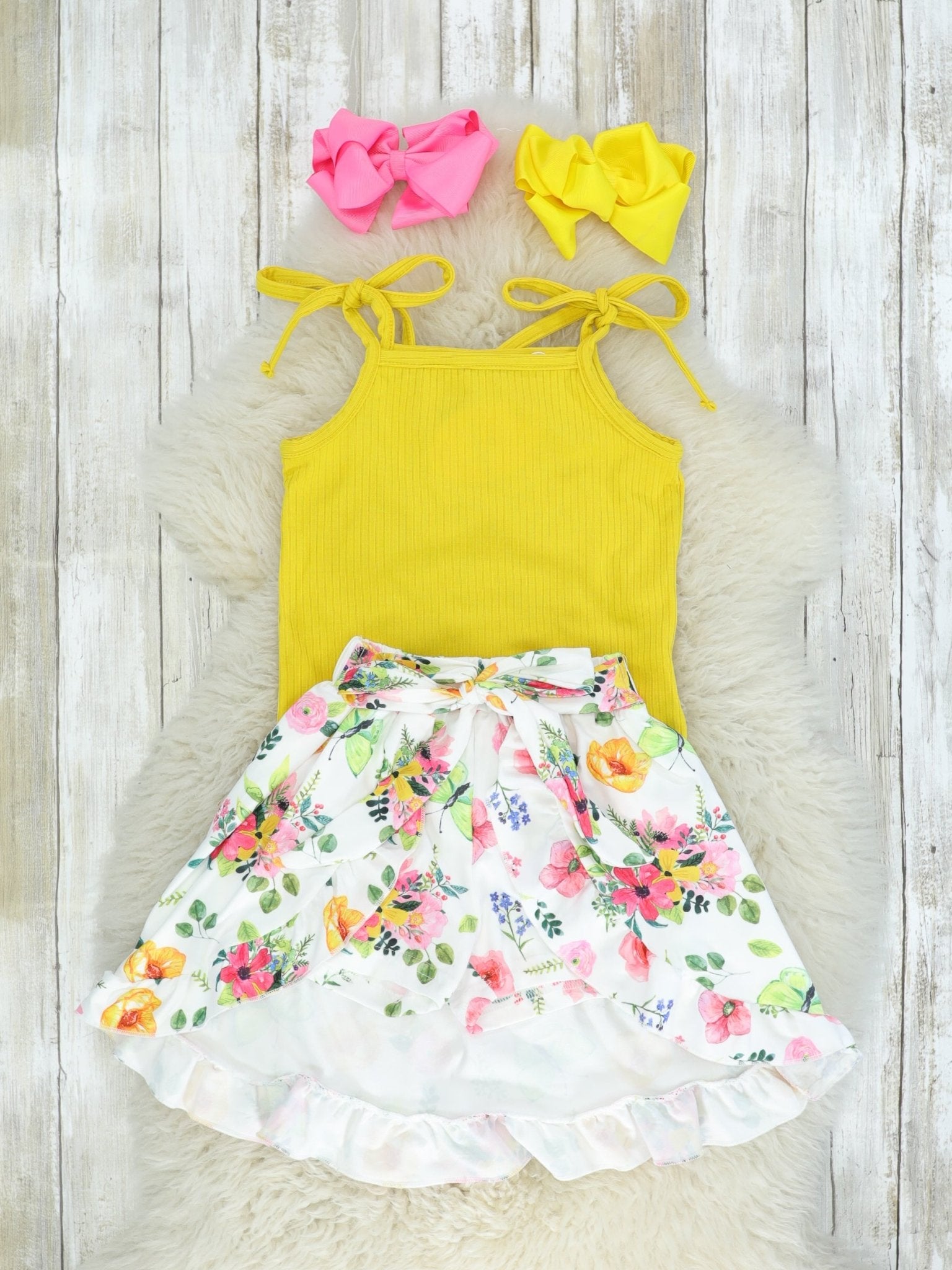 Mustard Tank & Floral Ruffle Split Skirt Outfit - Marie Nicole Clothing