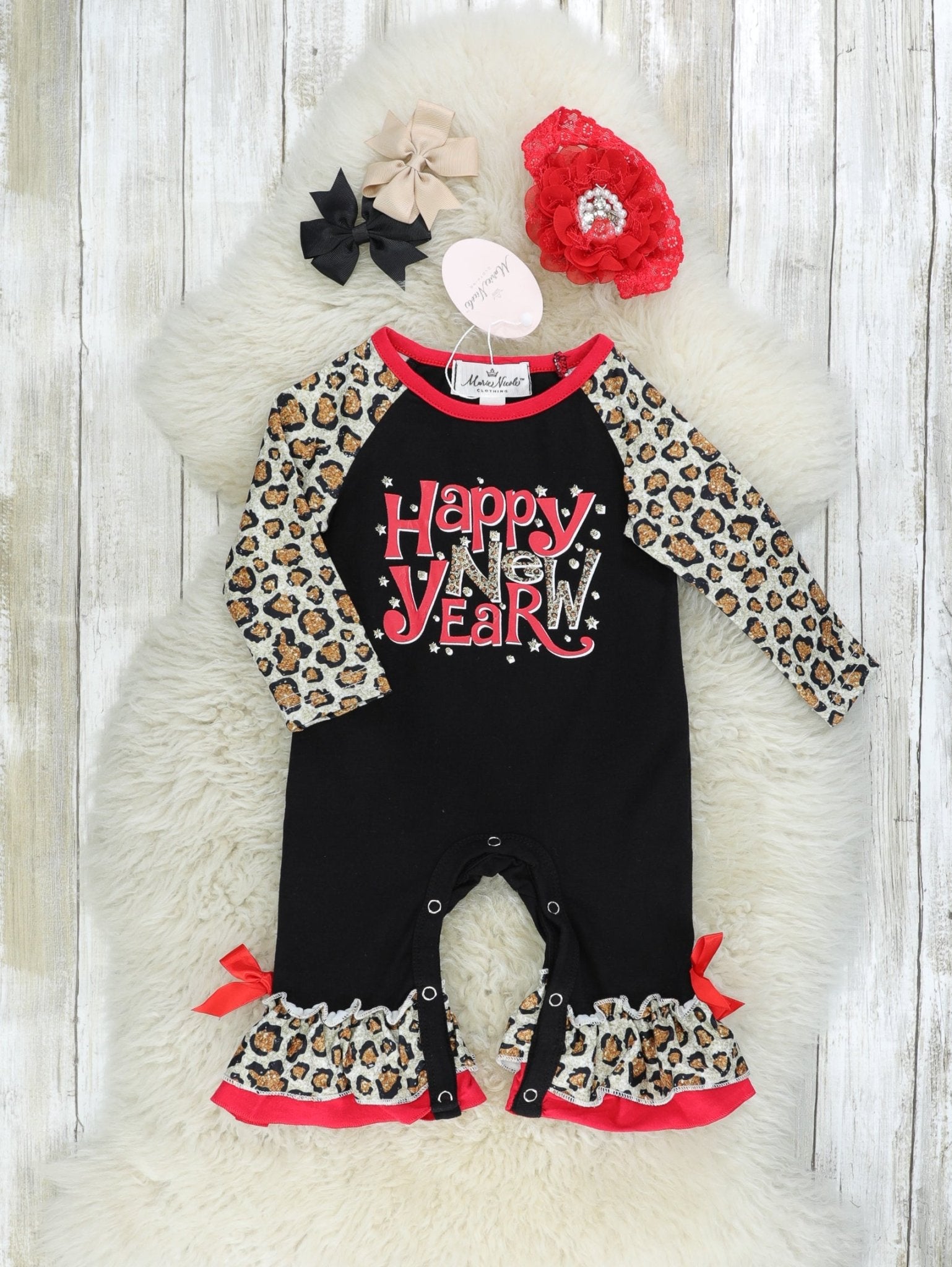 "Happy New Year" Leopard Raglan Ruffle Romper - Marie Nicole Clothing