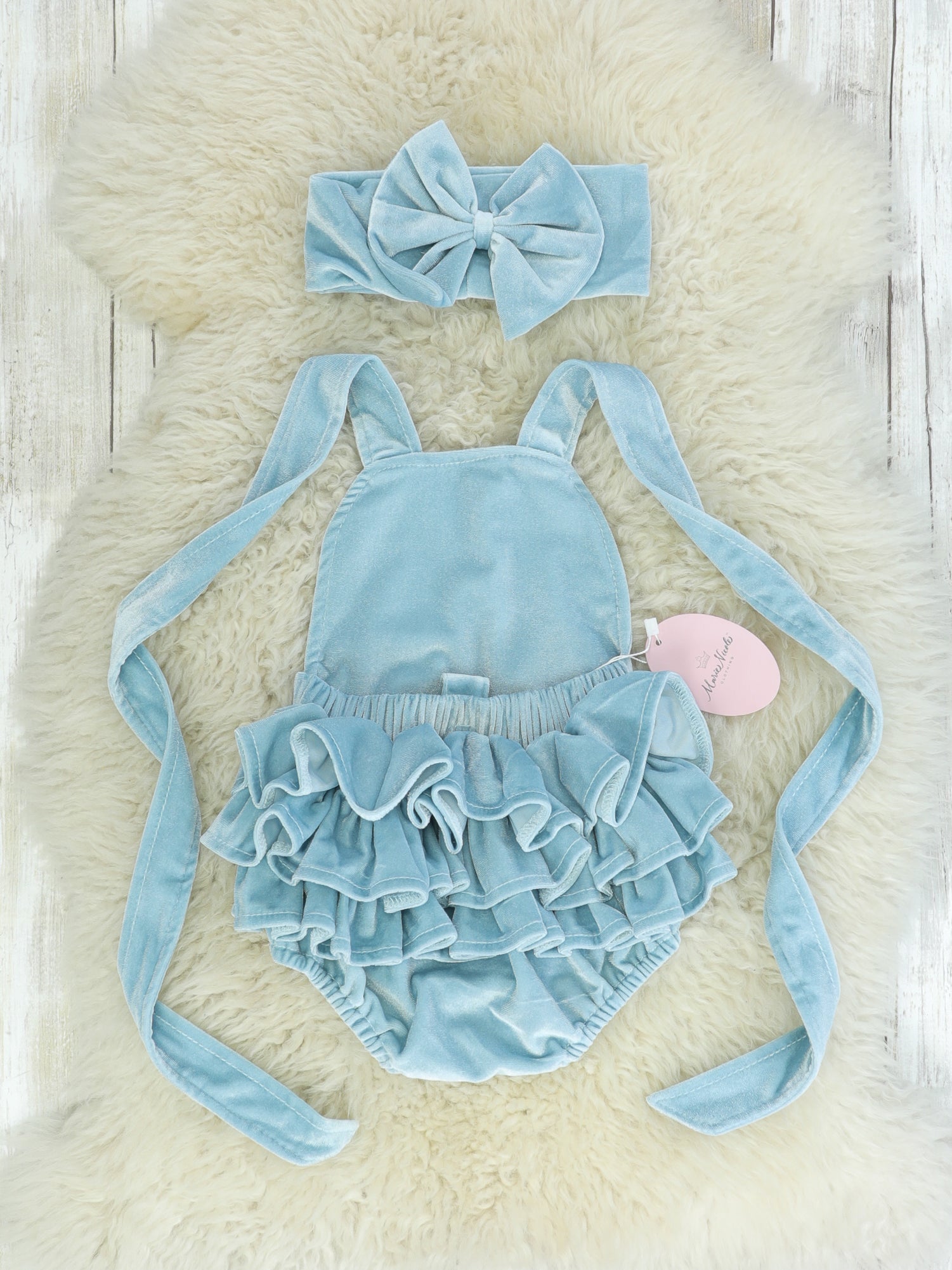 Blue Velvet Ruffle Bubble With Headband - Marie Nicole Clothing