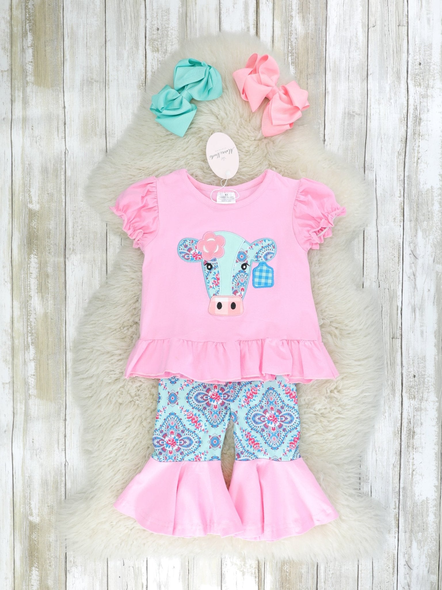 Pink & Blue Boho Cow Bell Bottom Outfit - Marie Nicole Clothing