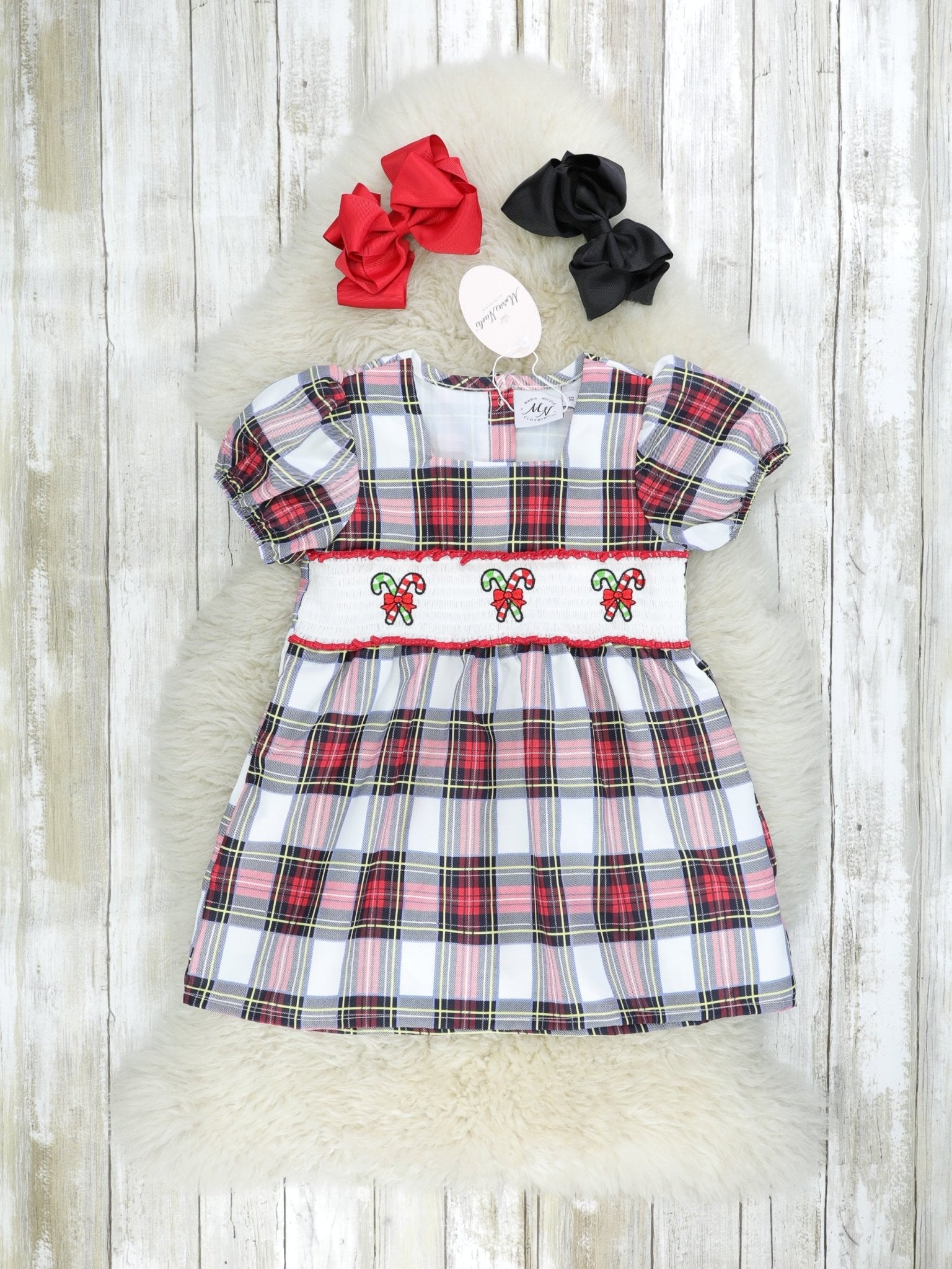 Red Smocked Plaid Candycane Dress - Marie Nicole Clothing