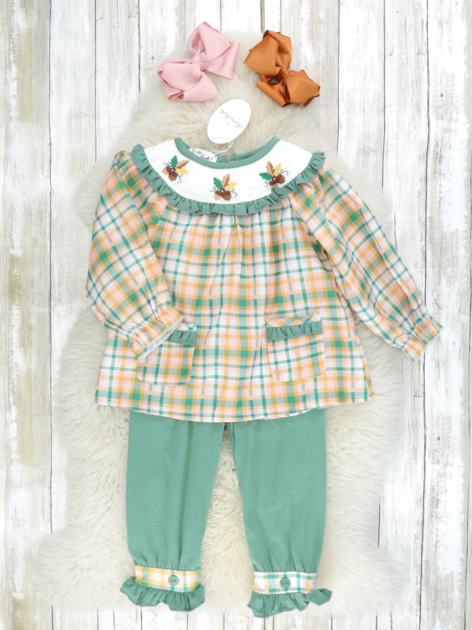 Plaid Acorn Smocked Ruffle Outfit - Marie Nicole Clothing