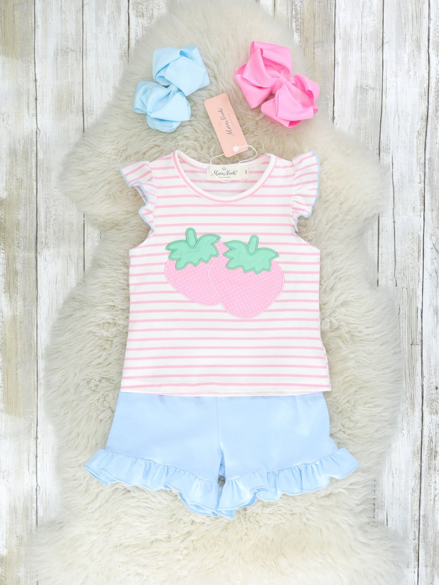 Pink & Blue Striped Strawberry Ruffle Outfit - Marie Nicole Clothing